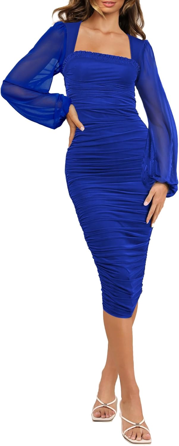Aisbei Women's Sexy Ruched Bodycon Midi Dress Long Puff Sleeve Square Neck Mesh Cocktail Party Wedding Dresses - Image 4