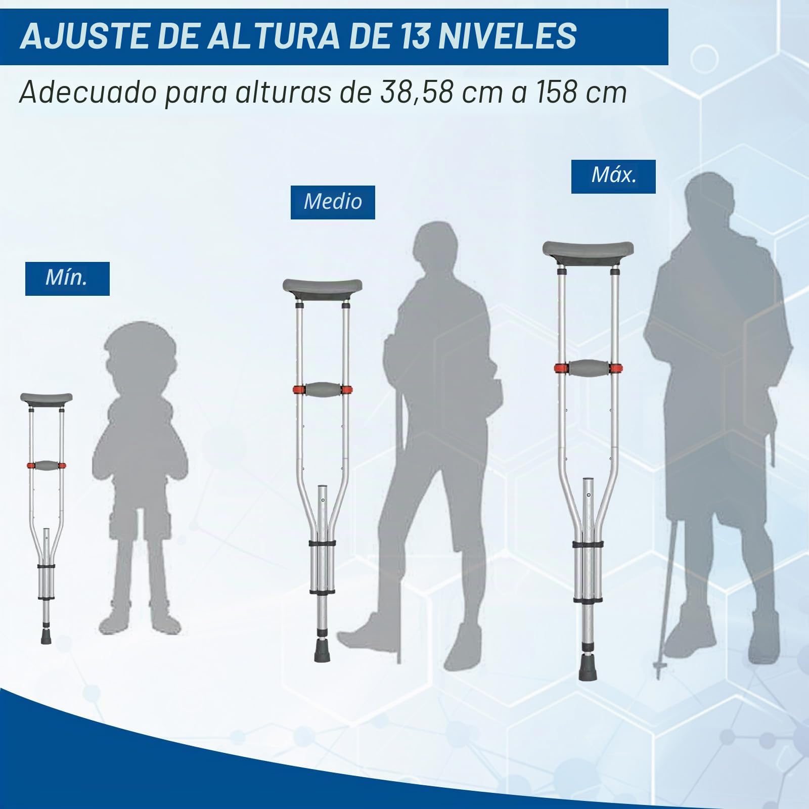 Muletas para axilas, 1 par de apoyos para antebrazos de aluminio con suaves almohadillas de agarre, altura ajustable, soporte para axilas, soporta hasta 150 kg, muletas plegables para discapacitados