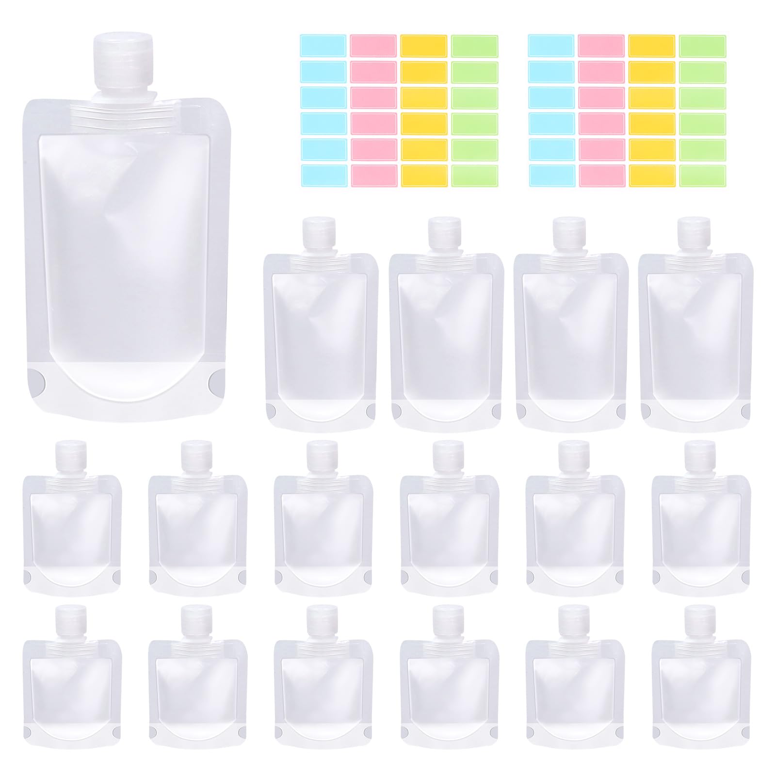 Swpeet 24 Pack 3 Sizes 30ML 50ML 100ML Travel Pouches with Label Paper Assortment Kit, Empty Squeeze Pouches TSA Approved Stand Up Pouch for Toiletry, Portable Travel Fluid Makeup Packing Bag