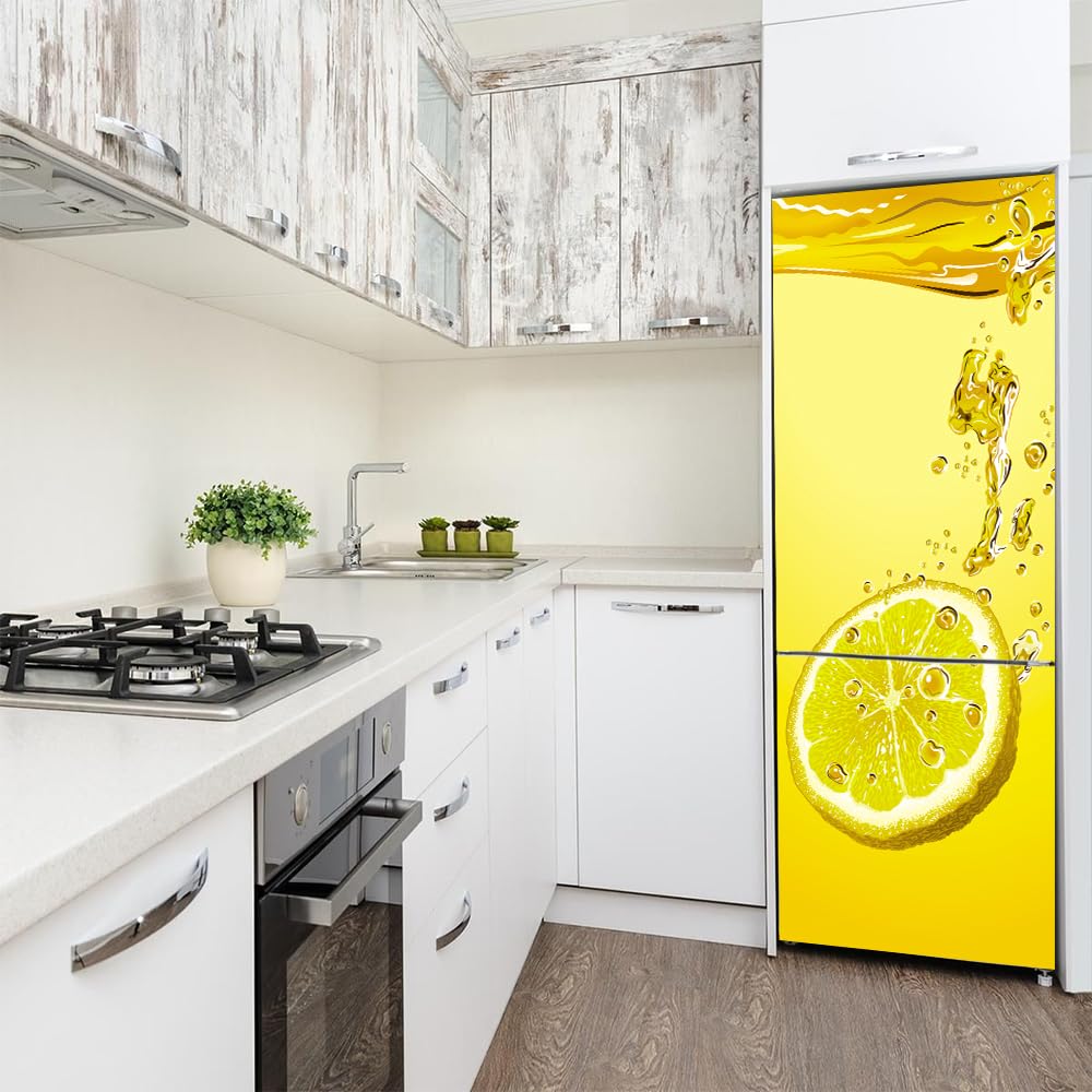 Adesivi per frigorifero decorativi 3d, adesivo per frigorifero che copre completamente la porta del frigorifero copre adesivi murali per decalcomanie da cucina, limone giallo fresco