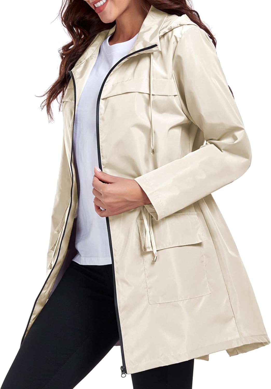 Women Waterproof Raincoat Lightweight Packable Active Outdoor Long Hooded Rain Jacket - Image 4