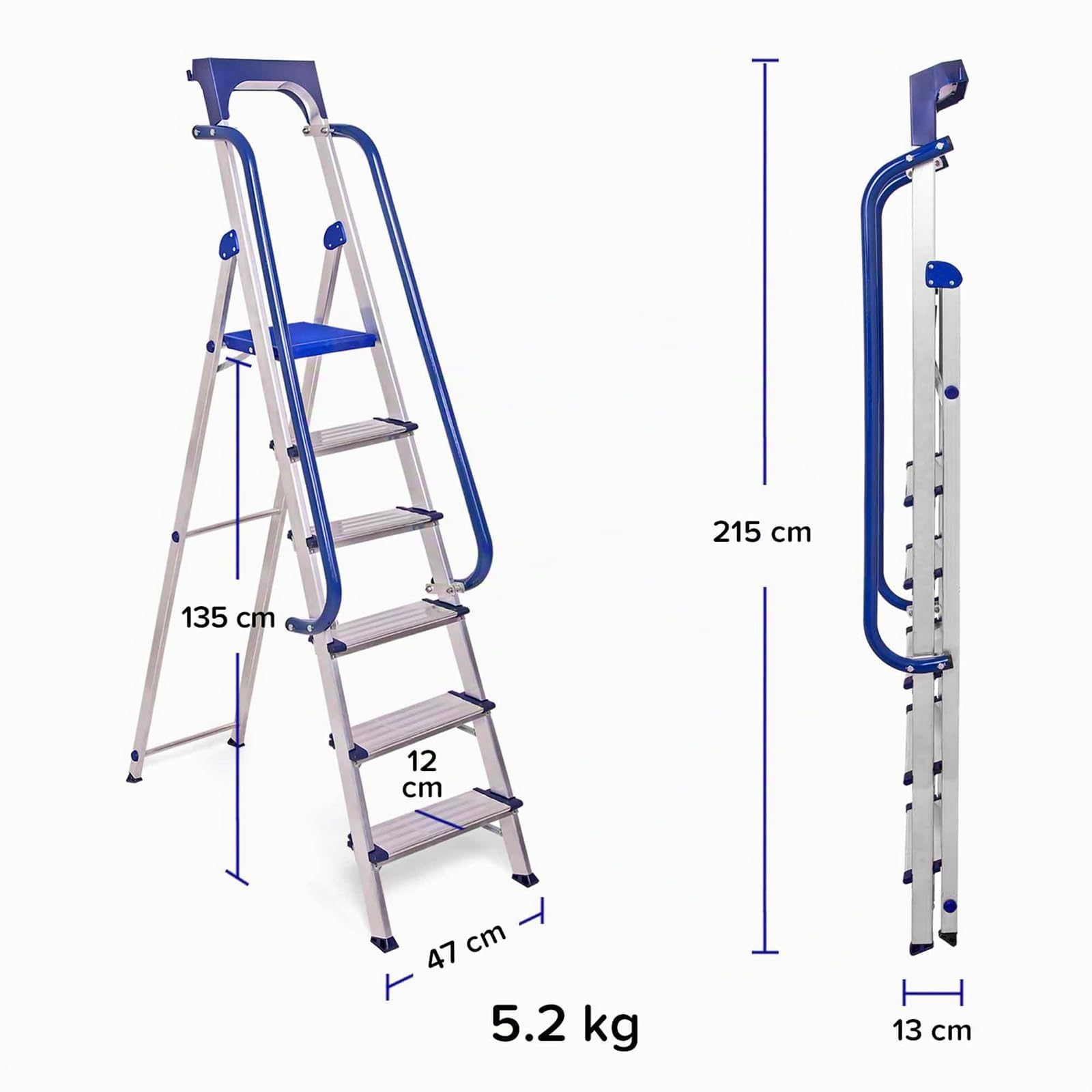 HOSTRÖM Escalera de Tijera de 6 peldaños Secure Pro, Aluminio Reforzado, Segura con barandillas, Bandeja portaherramientas, Altura de Plataforma 135 cm, garantía de 5 años