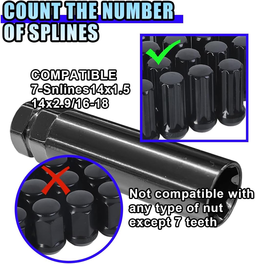 7 Point Spline Drive Tuner Socket Key Tool, Lug Nuts Socket Wrench Replacement Tool with 13/16" (21mm) and 7/8" (22mm) Hex, Compatible with 14x1.5, 14x2.0, 9/16 Lug Nut (Black)