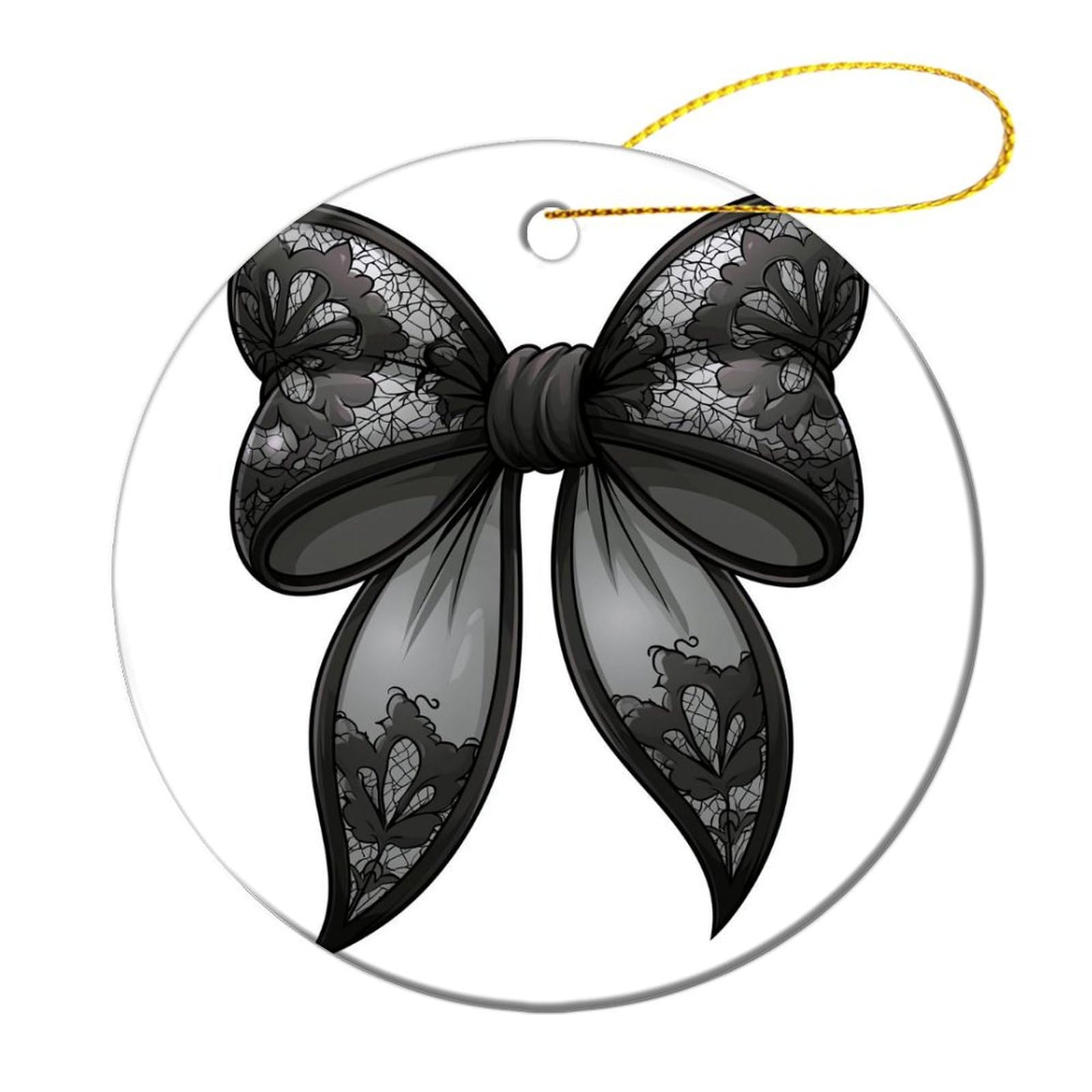 Black Lace Thick Coquette Bow Christmas Tree Hanging Ornaments,2 Pieces, 7.2CM Round Double-Sided