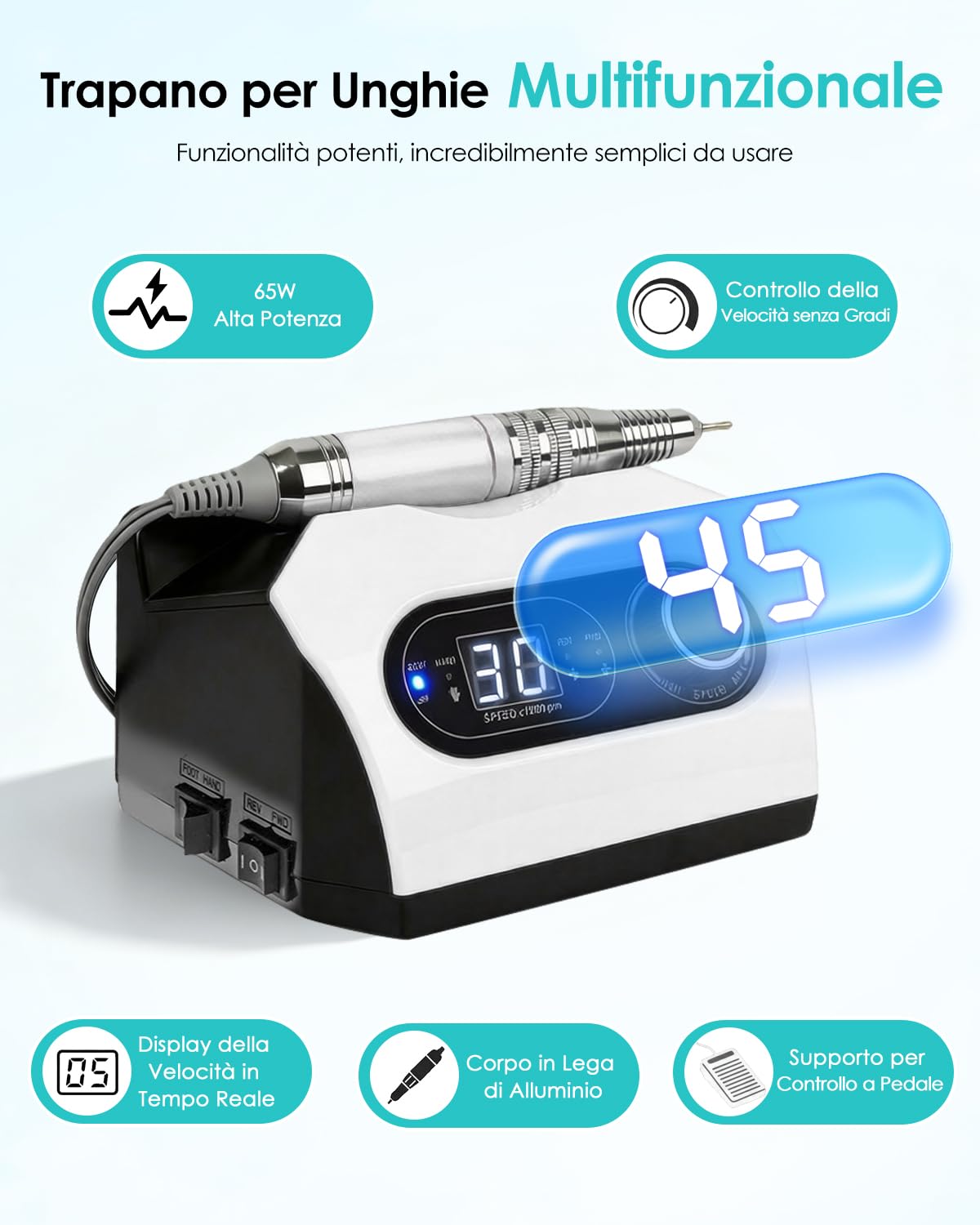 CozyZen Lima per Unghie Elettrica, Trapano Professionale a Filo con 35.000 RPM, Pedale, 6 Frese, Display LED e Controllo Velocità per Casa e Salon（Bianco）