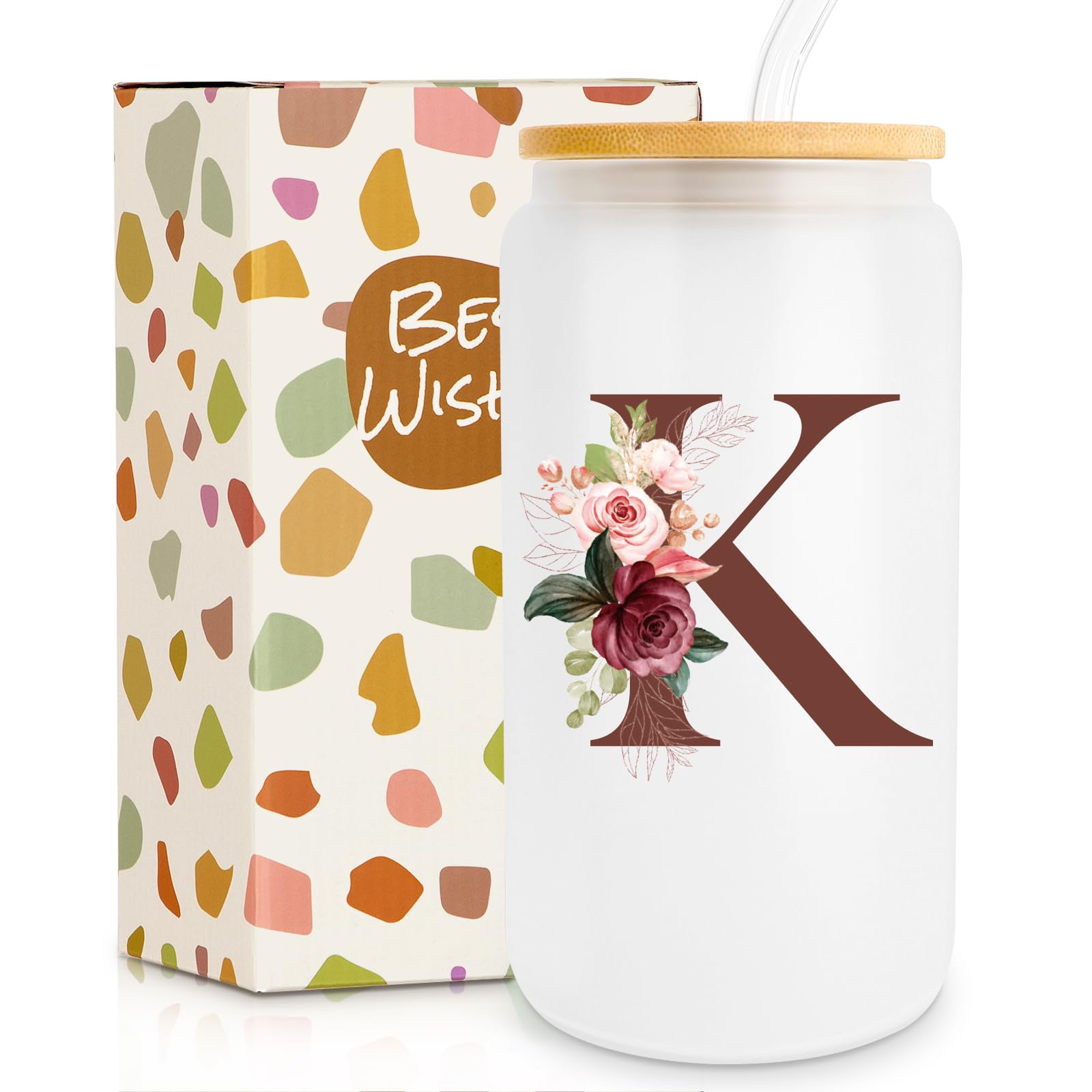 Frerdui Ini-tial Glass Cups with Lids and Straws, Personalized Gifts for Women, Monogrammed 16oz Tumbler Straw Lid, Iced Coffee Cup, Beer Can Shaped Glass- K