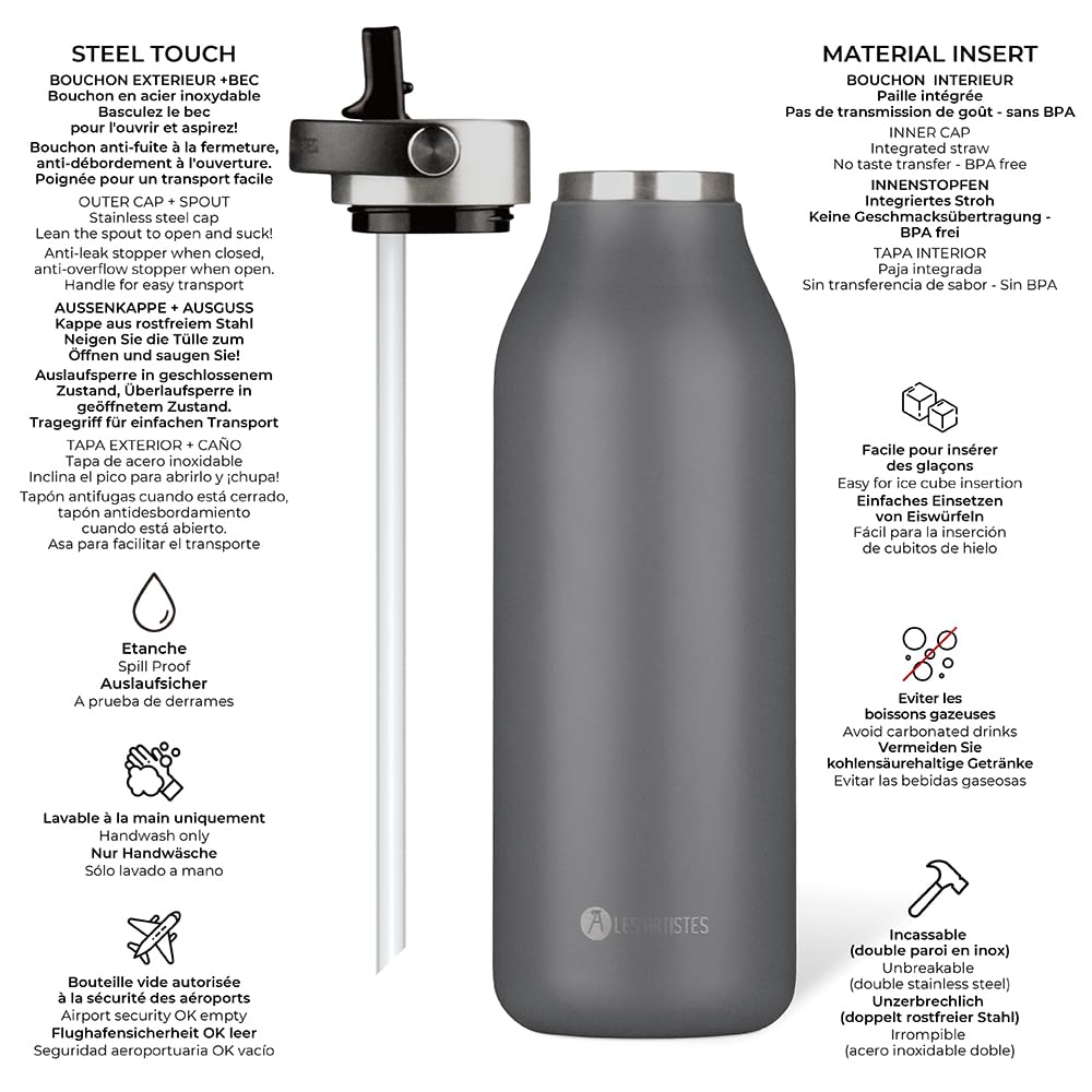 LES ARTISTES Paris A-2398 Bottle'Up 2.0, Thermos 1,5 litri, borraccia termica senza BPA, riutilizzabile, mantiene al caldo 12 ore e al freddo 24 ore, manico in acciaio inox, design grigio