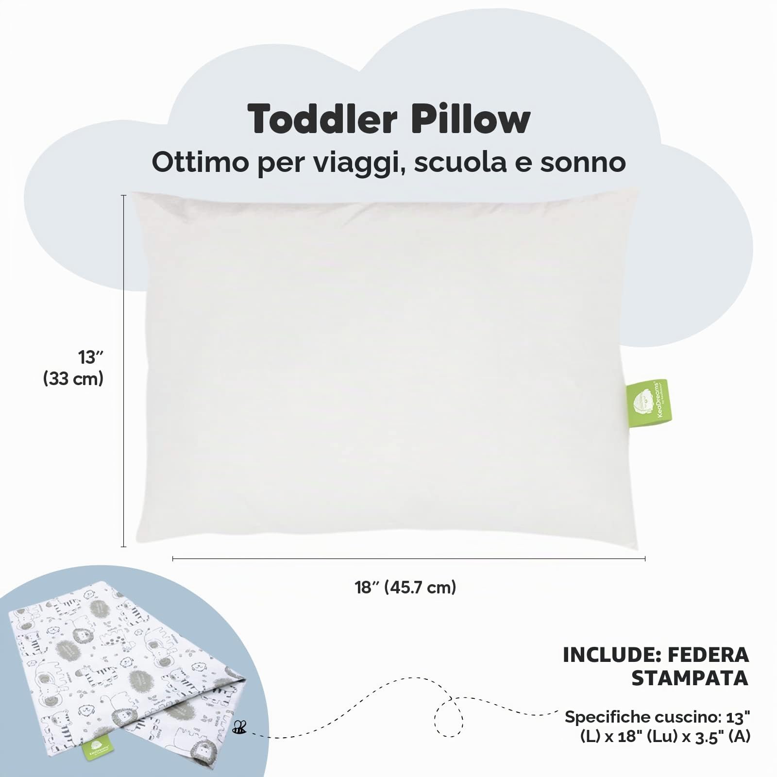 KeaSafari - Cuscino per bambini con federa, morbido cotone biologico, per dormire, lavabile, per bambini
