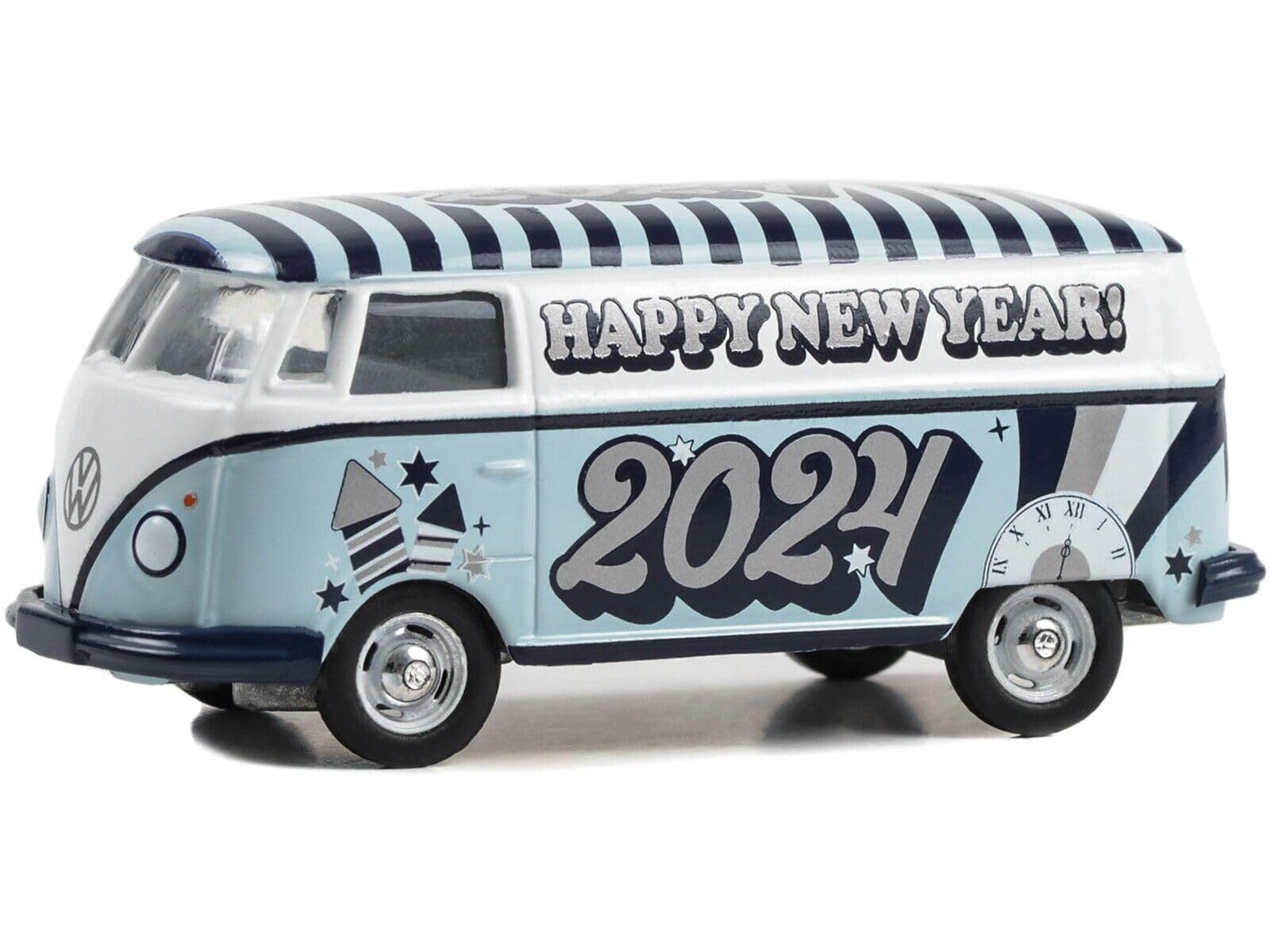 Type 2 Panel Van Happy New Year 2024" Light Blue and White with Striped Top Hobby Exclusive Series 1/64 Diecast Model Car by Greenlight 30478