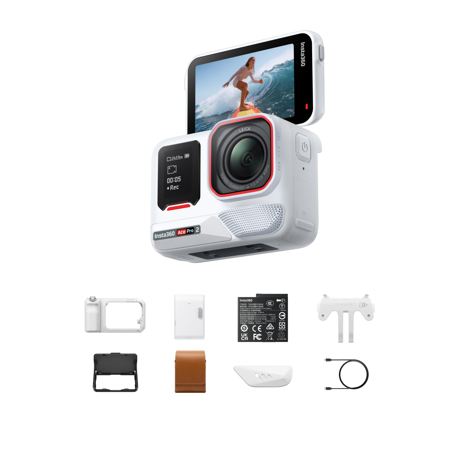 Insta360 Ace Pro 2 Polarweiß Limited Edition Sofortdruck-Bundle – wasserdichte 8K Action-Cam, mit Leica entwickelt, 1/1,3"-Sensor, führend bei wenig Licht, Xplorer Pro-Grip-Kit für Straßenfotografie