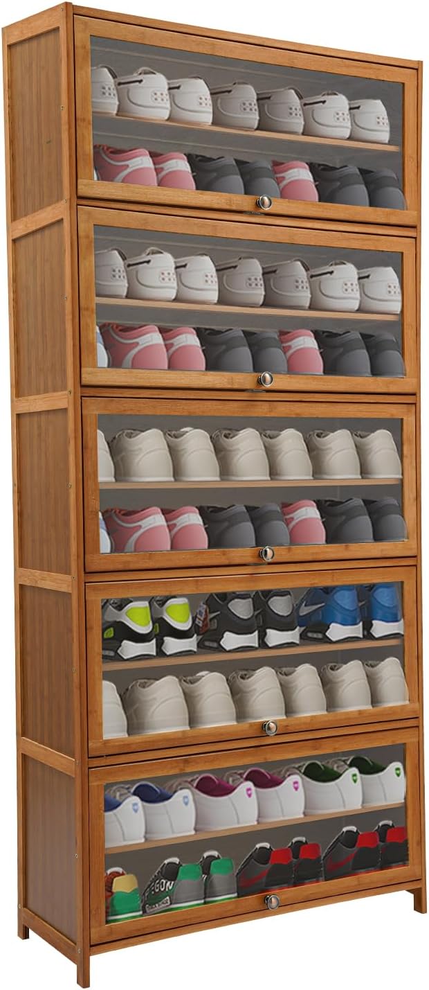 11 Tier Shoe Cabinet with Clear Doors, Tall Shoe Storage Cabinet 3-4 Pairs Each Tier Bamboo Free Standing Shoes Shelf Organizer Stand for Living Room Porch Corridor