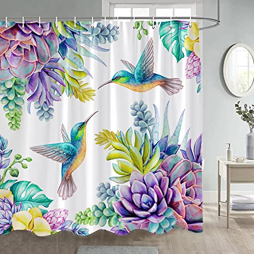Jjnaee Bird Flower Shower Curtain Hummingbird Succulents Purple Floral Vintage Garden Nature Summer Tropical Plant Bathroom Decor Polyester Fabric Curtains With Hooks 70 X 70 Inch #TOP3
