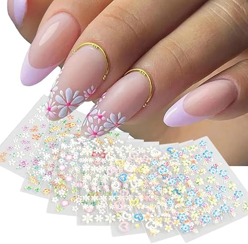 30 hojas de calcomanías coloridas para uñas, calcomanías autoadhesivas 3D para uñas, calcomanías de flores y margaritas con diamantes de imitación,