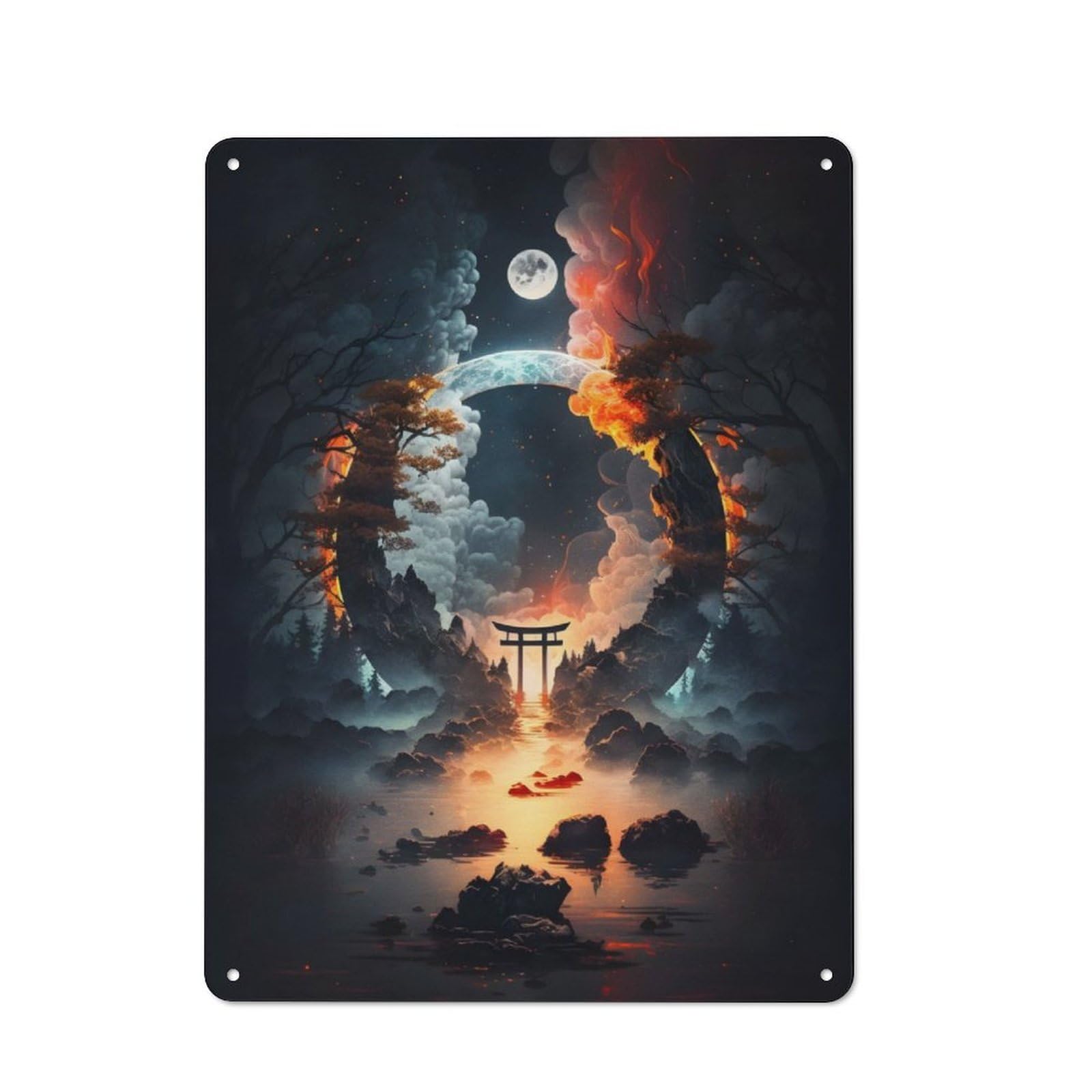 Modern Retro Metal Wall Art Sign 40x30cm Featuring Magic Portal at Torii Gate, Urban Room Decor for Workspace, Cafe, Hallway Or Garage