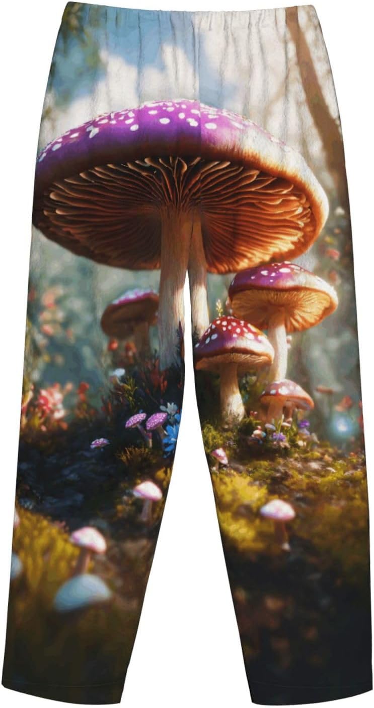 Wild Mushroom Print Cozy Flannel Pajama Pants For Women,Warm Christmas Pj Pants,Cute Fleece Pajamas
