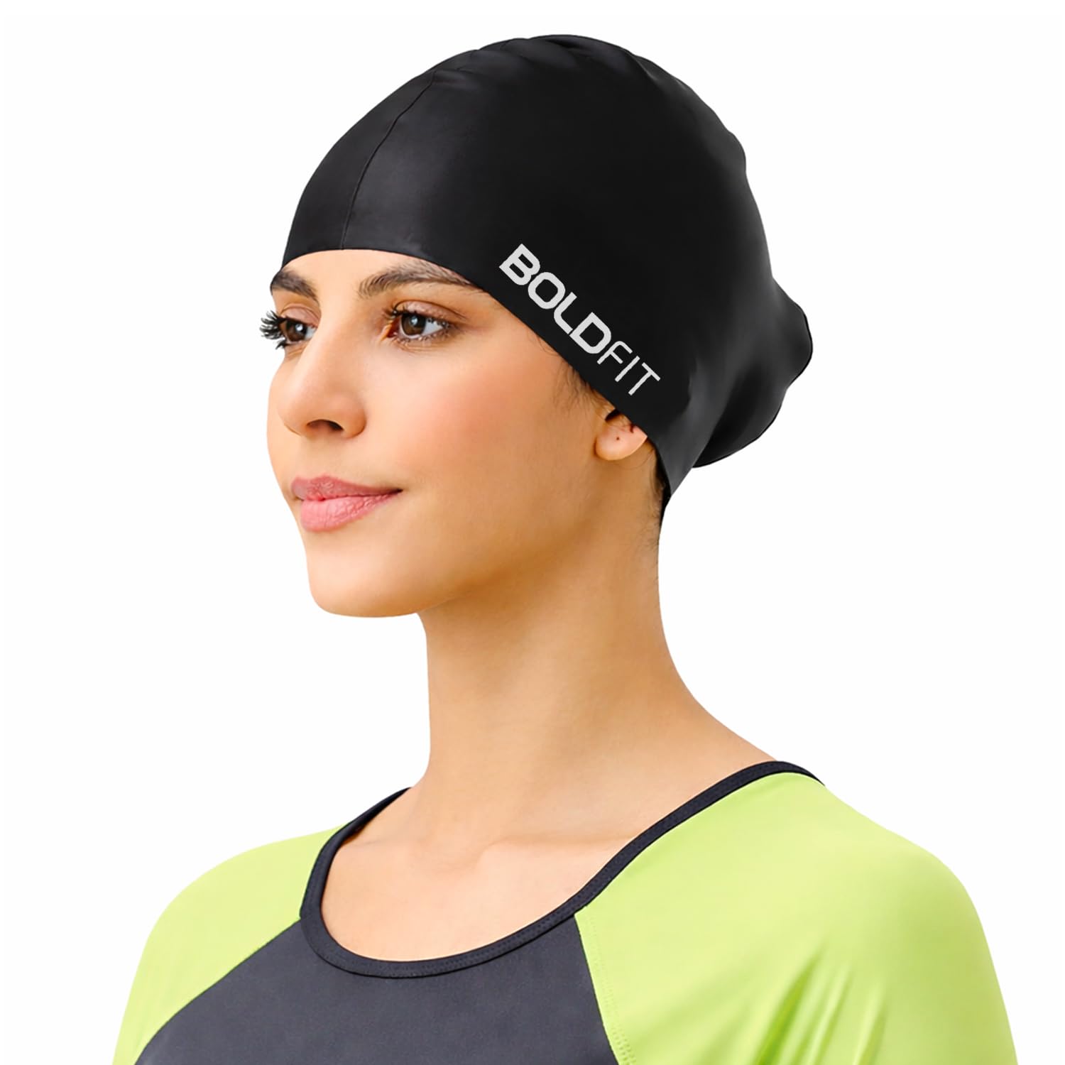 Boldfit Swimming Cap for Women Silicone Long Swimming Caps for Women Swim Cap for Girls with Long Hair Swim Cap for Women Long Hair for Dry Hair Swimming Head Cap for Long Hair Easy Fit - Black