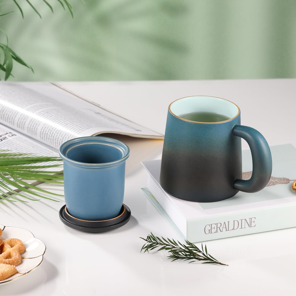 ecooe Taza de té con Filtro y Tapa, 420ml Azul Negro Taza de Te Cerámica Grande Taza de con colador de Té de Acero inoxidable con Asa(Capacidad completa)