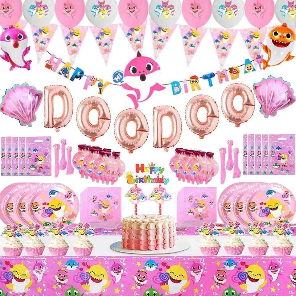 175 pcs Pink Shark Birthday Decorations Set, Party Supplies serves 20 guests