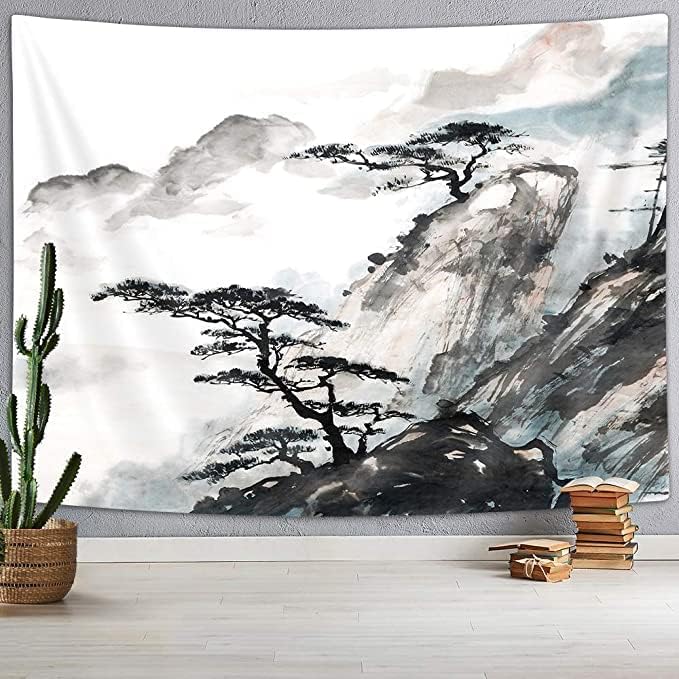Miniatura 2 de Coveimes Tapiz asiático, tapices escénicos, decoración de arte de pared, arte abstracto chino, montaña negra y pino, pintura de tinta para colgar en