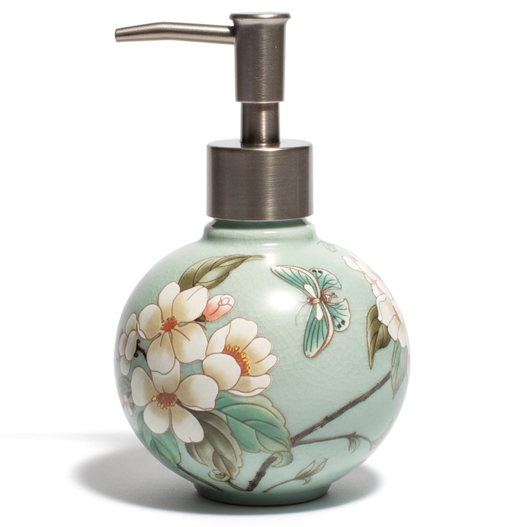 Otbushit Elegant Refillable Ceramic Vintage Soap Dispenser with Pump, Floral Soap Bottle for Shampoo & Lotion, Bathroom & Kitchen