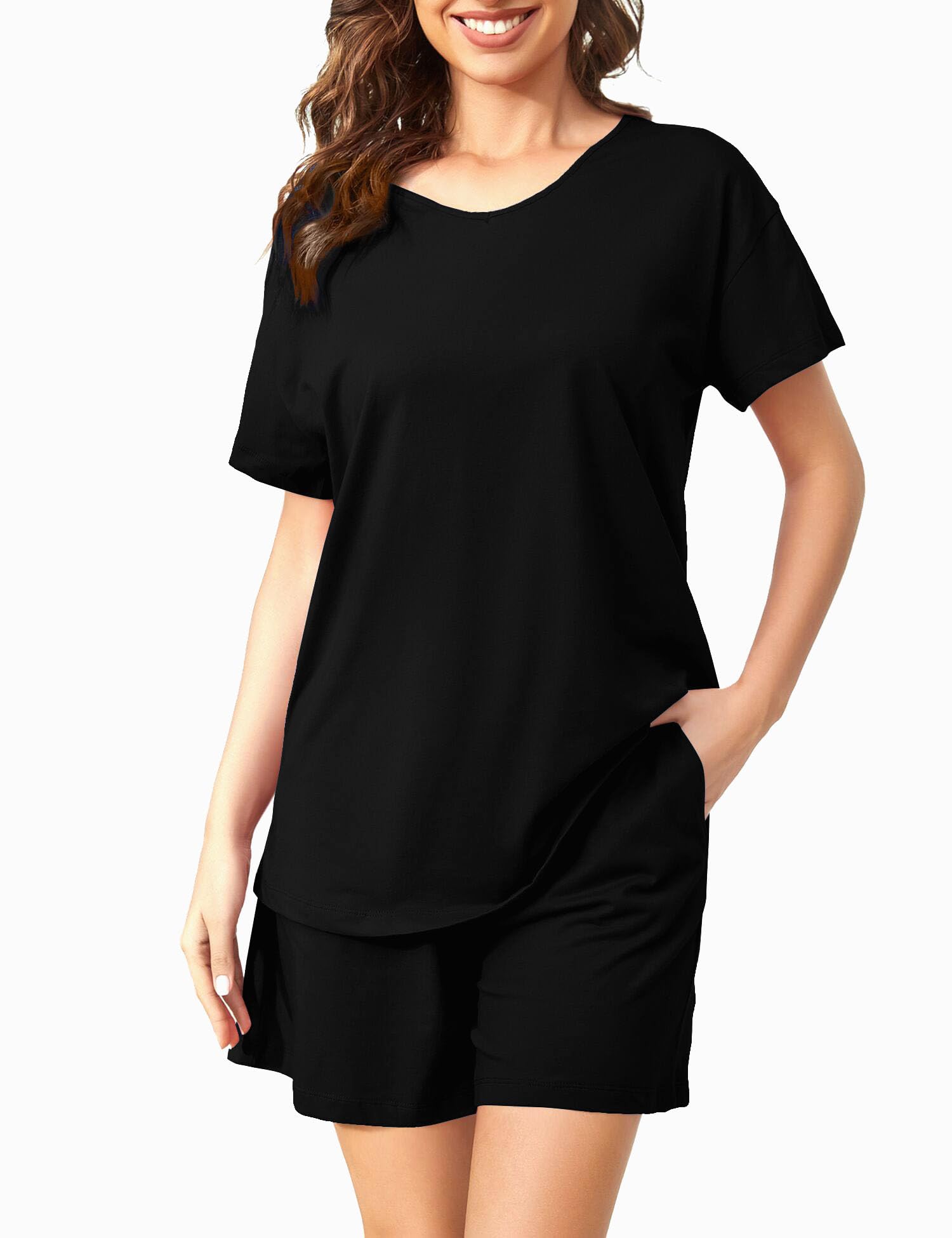 ENJOYNIGHT Womens Pajama Shorts Set Summer Sleepwear Cotton Pjs Short Sleeve Lounge Wear with Pockets