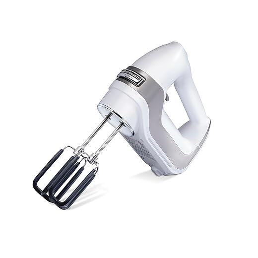 Hamilton Beach Professional 7-Speed Digital Electric Hand Mixer with High-Performance DC Motor, Slow Start, Snap-On Storage Case, SoftScrape Beaters, Whisk, Dough Hooks, White (62656)