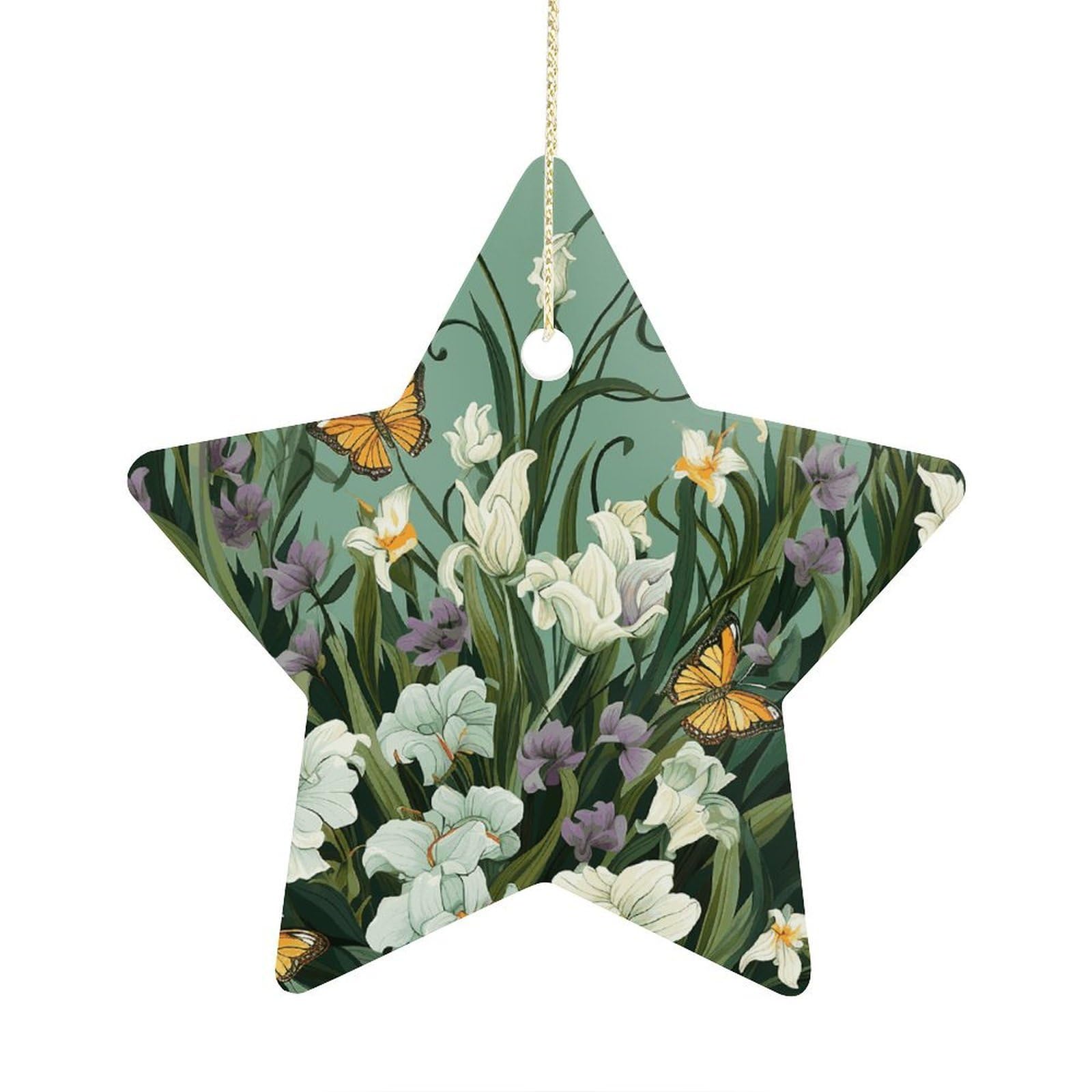 Flowers and Butterflies on Green Background Stars Ornaments Ceramic Christmas Tree Hanging Light in Weight Christmas Star Pendants Funny Double-Sided Printed Xmas Ornaments for Gifts