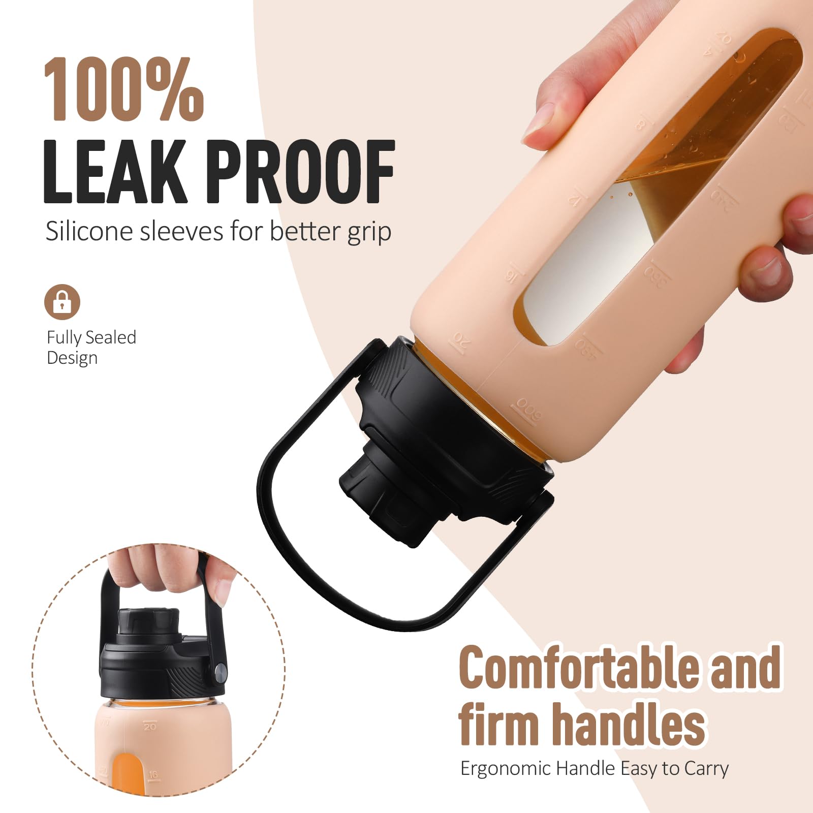 BLUEGO Borraccia in vetro da 600ml con cannuccia e 2 coperchi, tazza da caffè in vetro con custodia in silicone, senza BPA, Colore