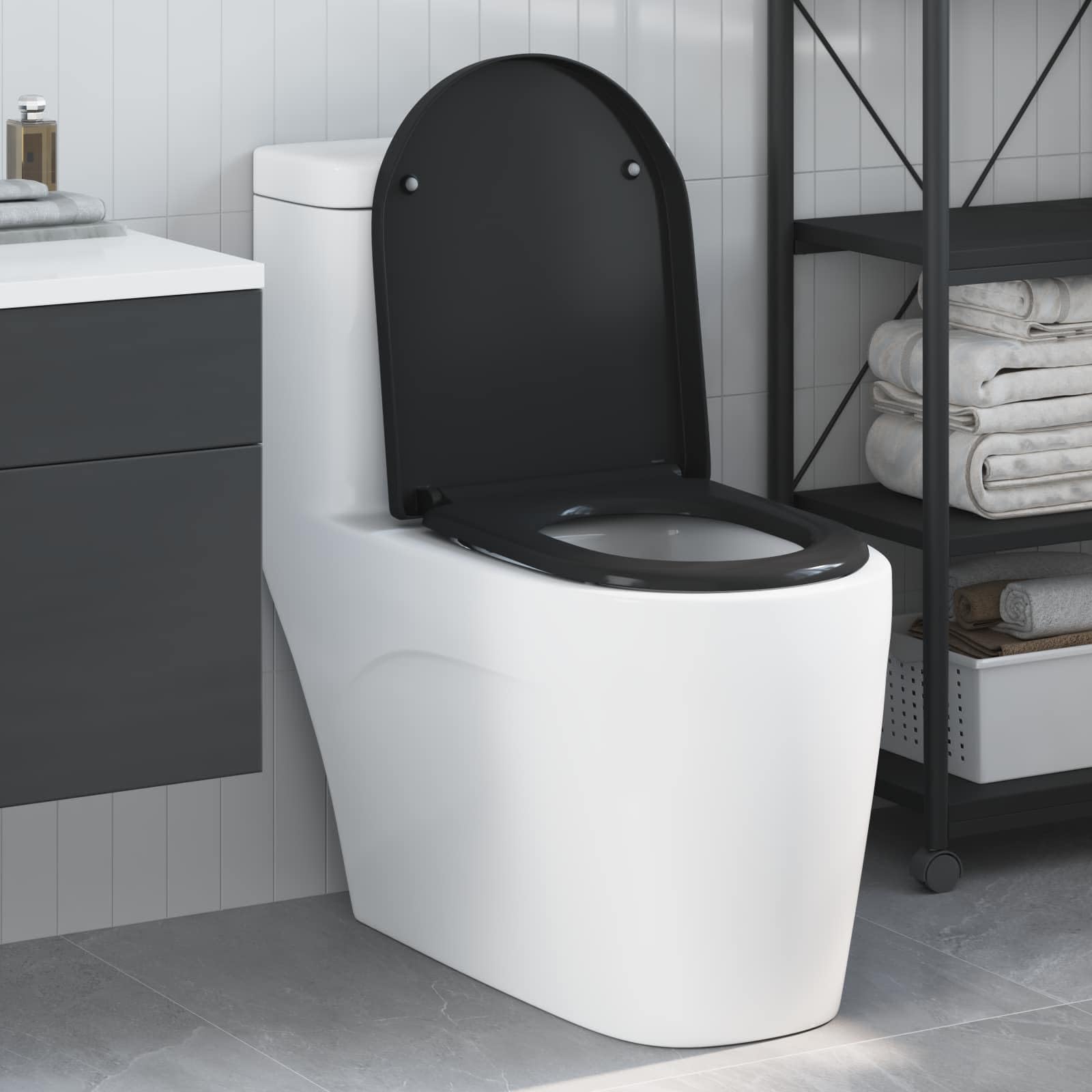 Sedile WC nero, 49 x 36 x 4 cm, in duroplast, con cerniera a abbassamento automatico, per bagno, appartamento, ospiti, WC di ricambio, ristrutturazione