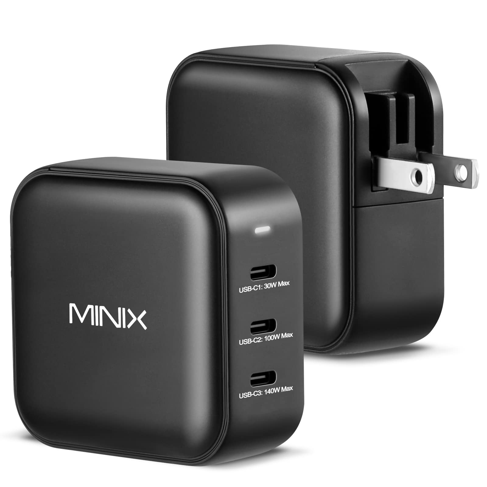MINIX 140W USB C GaN II charger with 3 USB Type-C ports (max 140W) foldable and fast, compatible with MacBook Pro/Air, iPad Pro, iPhone 14 Pro/13, Samsung Galaxy, laptop and more.