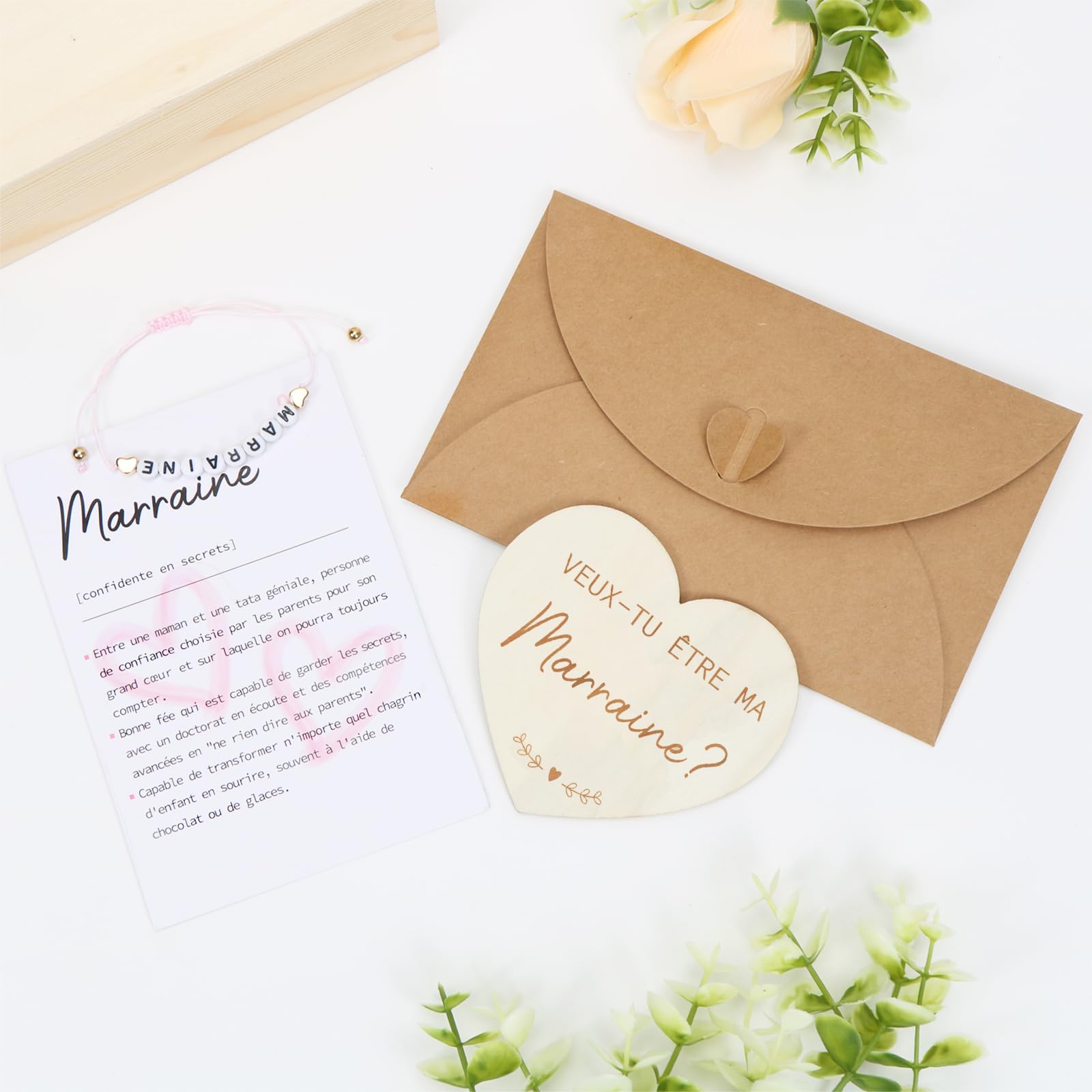 Carte de Demande en Bois pour Marraine, Bracelet avec Lettres, Idées Cadeaux