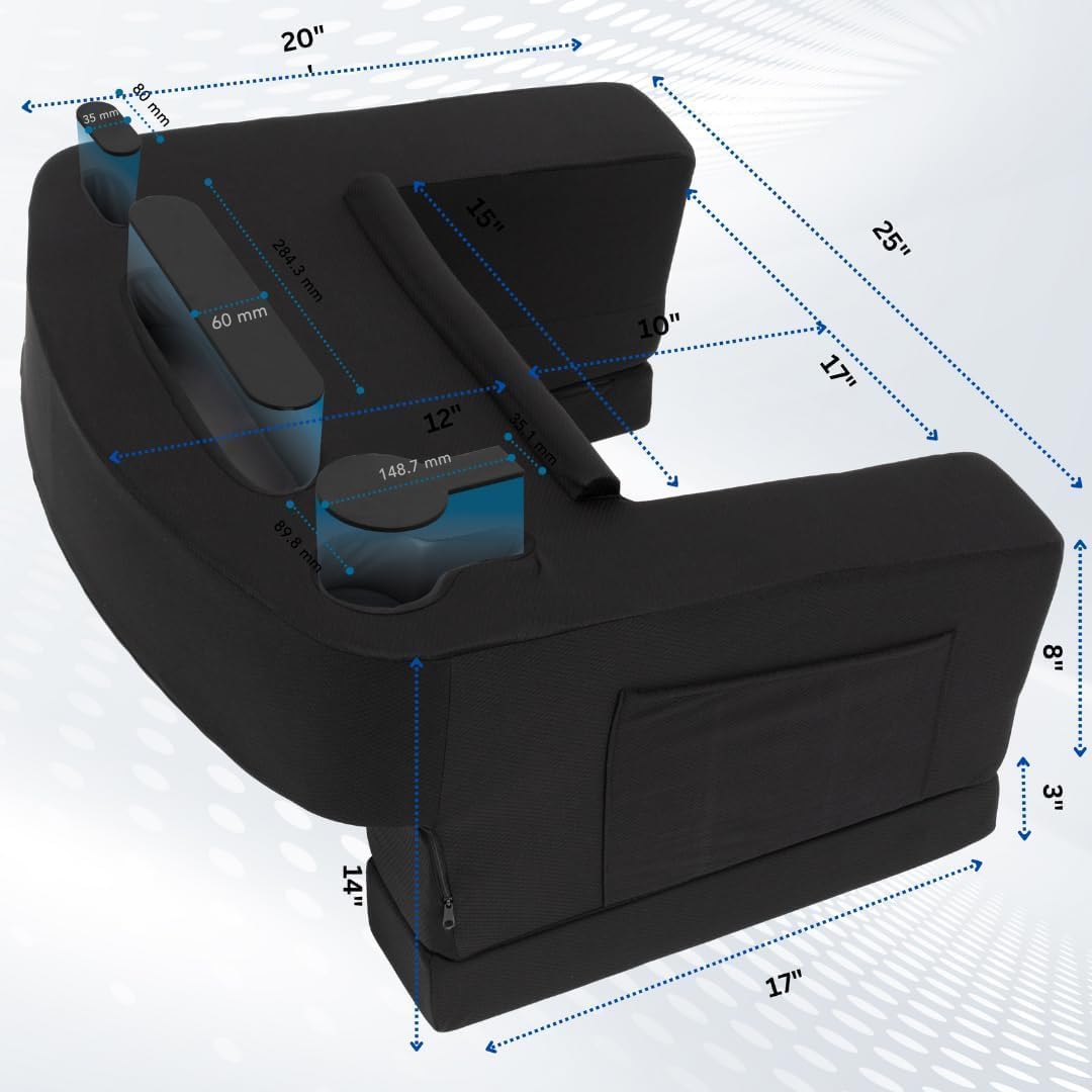 Reading Pillow for Gaming – Extra Large Lap Desk & Arm Rest with Cup & Phone Holder, Adjustable Heights, Laptop Support, Large Pockets – Comfortable for Work, Gaming & Crocheting (Black)