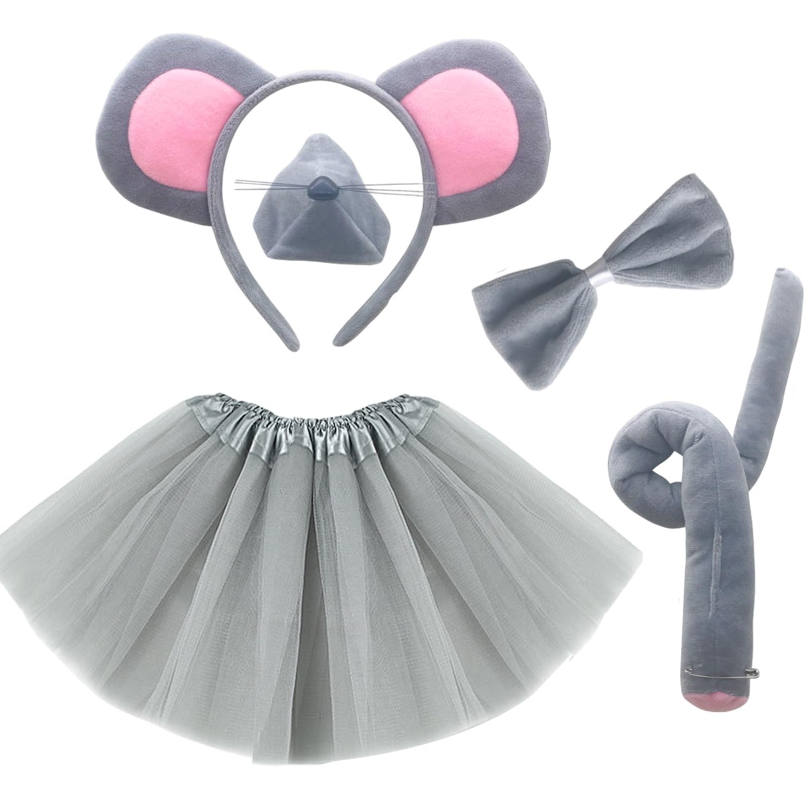 HTPARY5PCS Mouse Costume Accessory Set Includes Tutu Skirt Ears Headband Nose Bow Tie Set Fancy Costumes Accessories for Halloween Grey