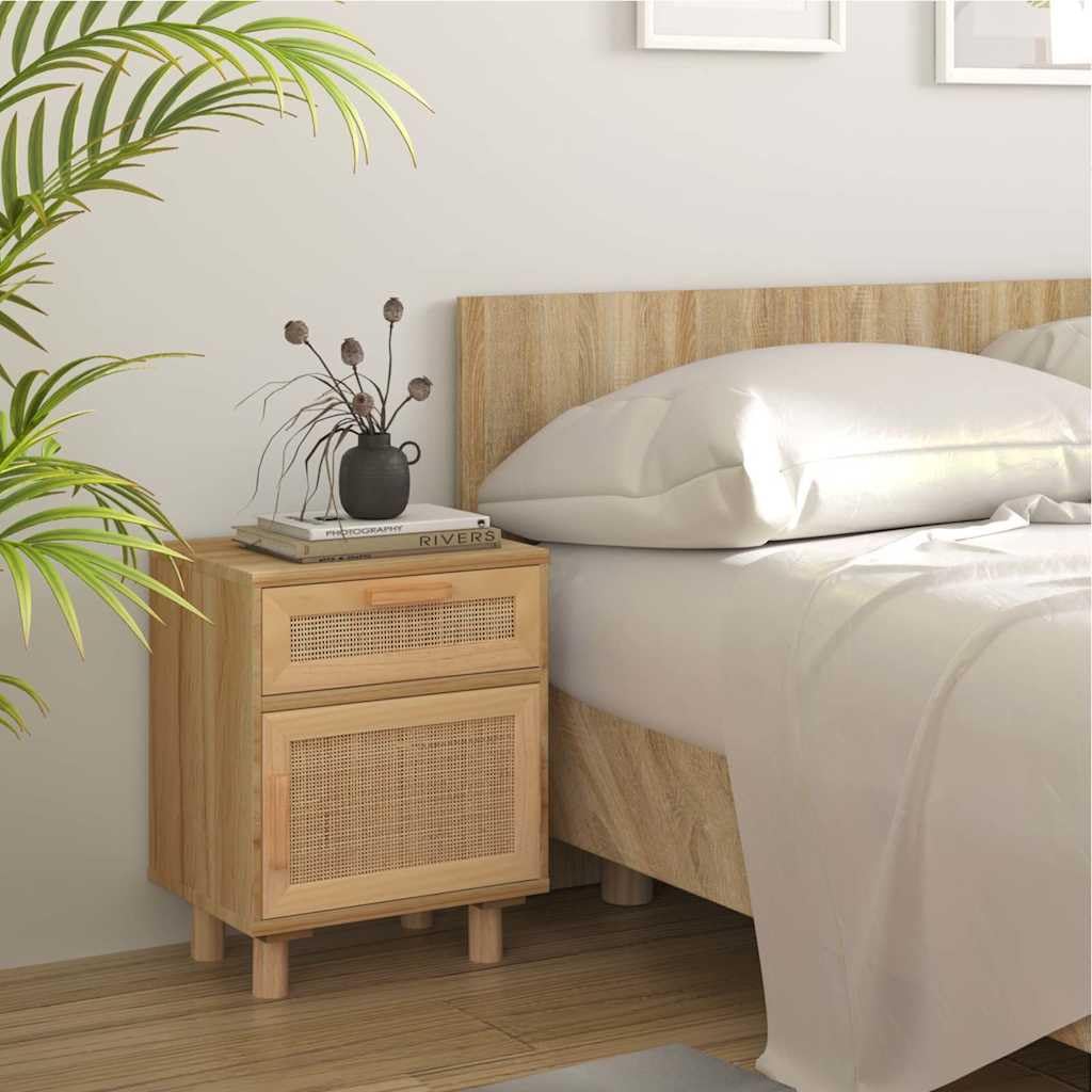 Comodino Marrone 40x30x50 cm Legno Massello Pino Rattan