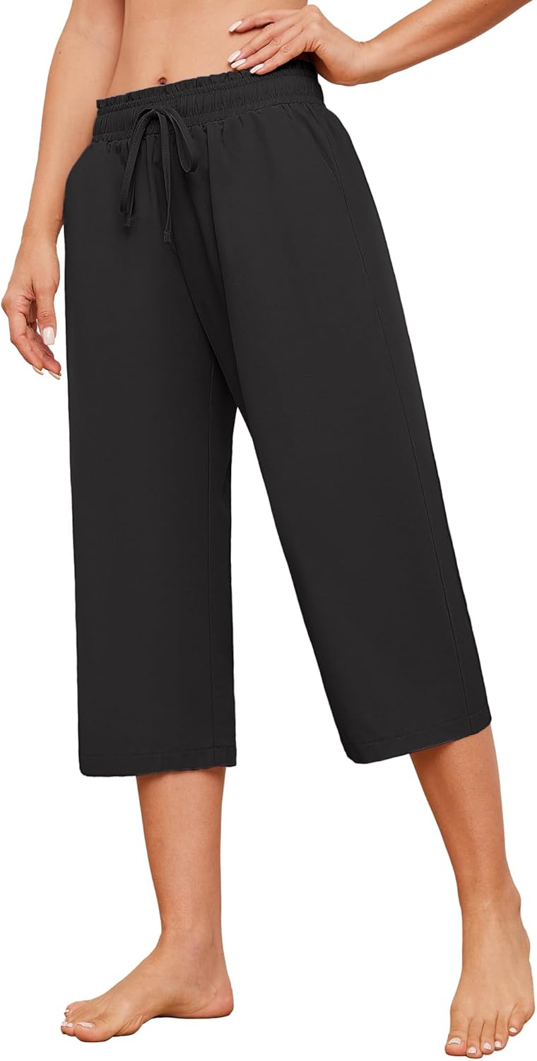 Larmliss Womens Capri Pants Casual Wide Leg Drawstring Elastic Waist Loose Lounge Cropped Pants with Pockets
