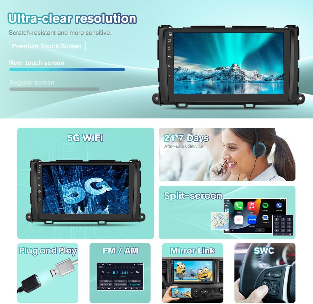 Junsun 5G WiFi Car Stereo Radio for Toyota Sienna 2011-2014,9 inch 1280x720P IPS HD Touchscreen Wireless Carplay Andriod Auto BT 5.0 Upgrade GPS SWC DSP Rearview AM FM 2G RAM 32G ROM