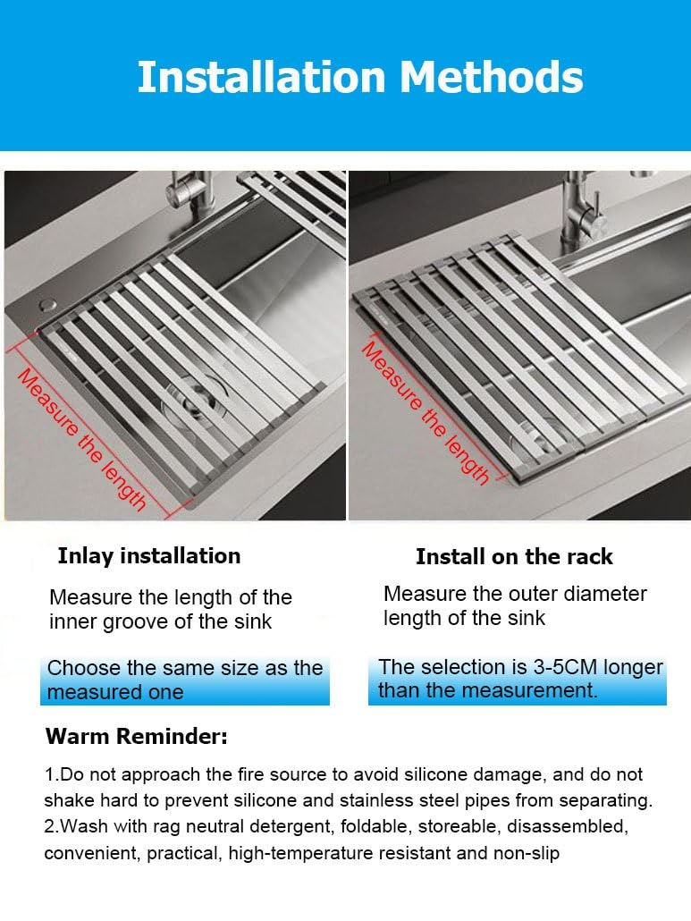 Escurridor de Platos Plegable Enrollable de Acero Inoxidable 304 para Colocar sobre el Fregadero, de 35/38/40/42/45/50/55/60 cm, Resistente al Calor.