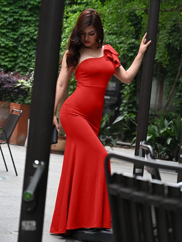 YMDUCH Women's Sexy Sleeveless One Shoulder Ruffle High Split Party Evening Long Formal Dress - Image 3