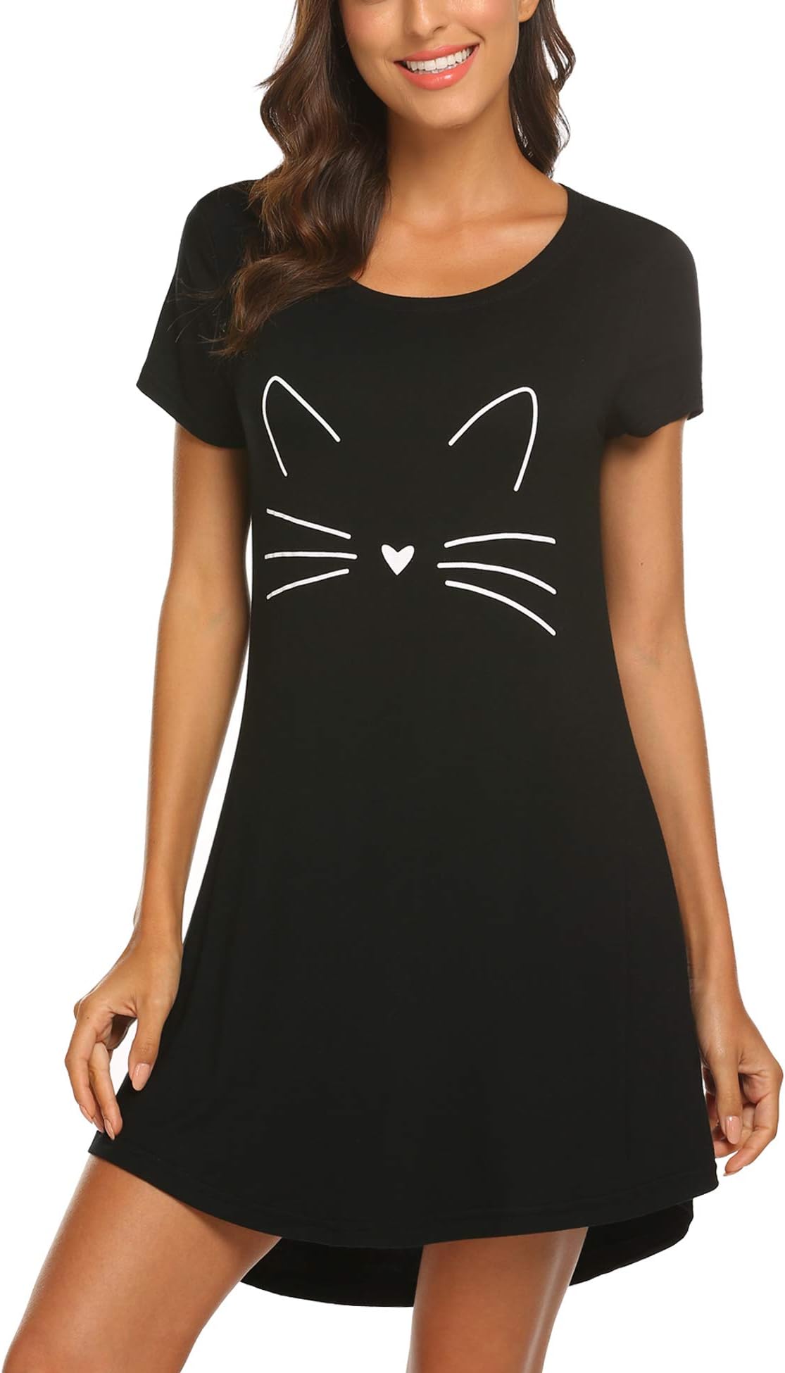 MAXMODAShort Nightgowns Women's Printed Short Sleeve Pure Cotton Sleepwear Nightshirts Black XL