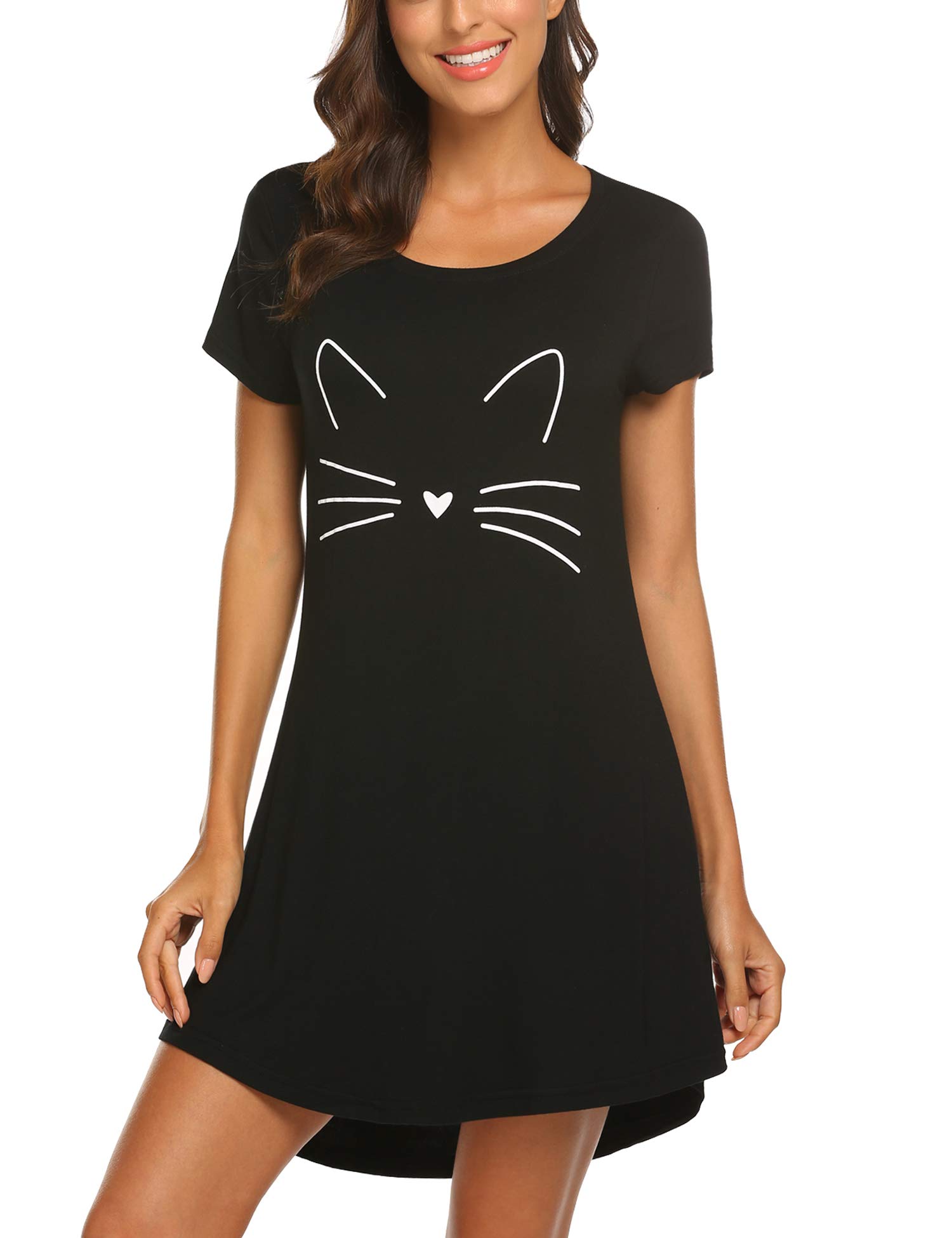 MAXMODAShort Nightgowns Women's Printed Short Sleeve Pure Cotton Sleepwear Nightshirts Black XL