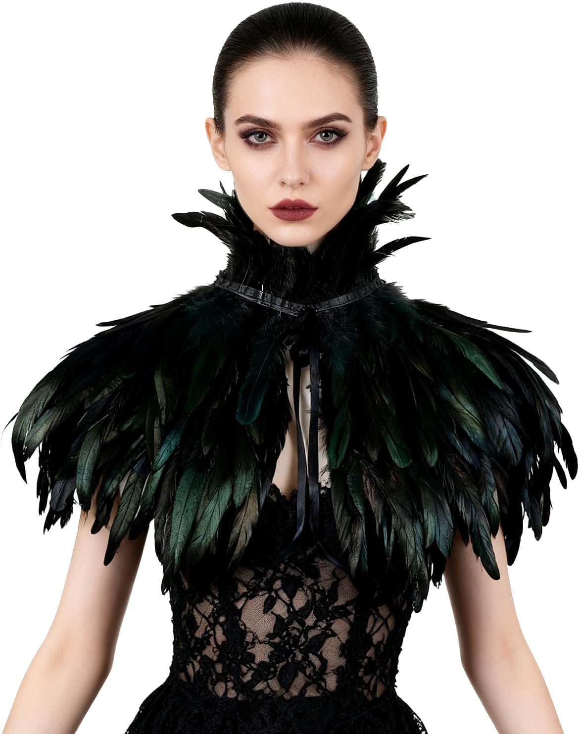 L'VOW Black Gothic Victorian Natural Feather Cape Shawl Stole Poncho with Choker Collar