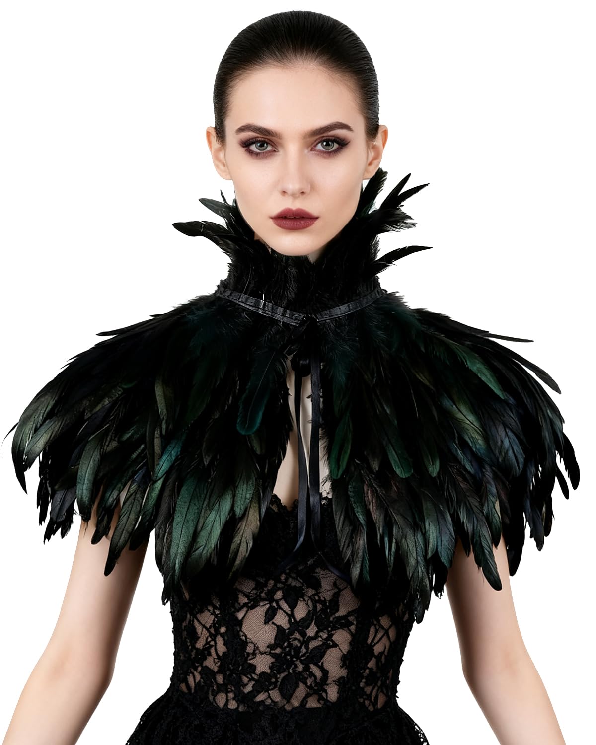 L'VOW Black Gothic Victorian Natural Feather Cape Shawl Stole Poncho with Choker Collar