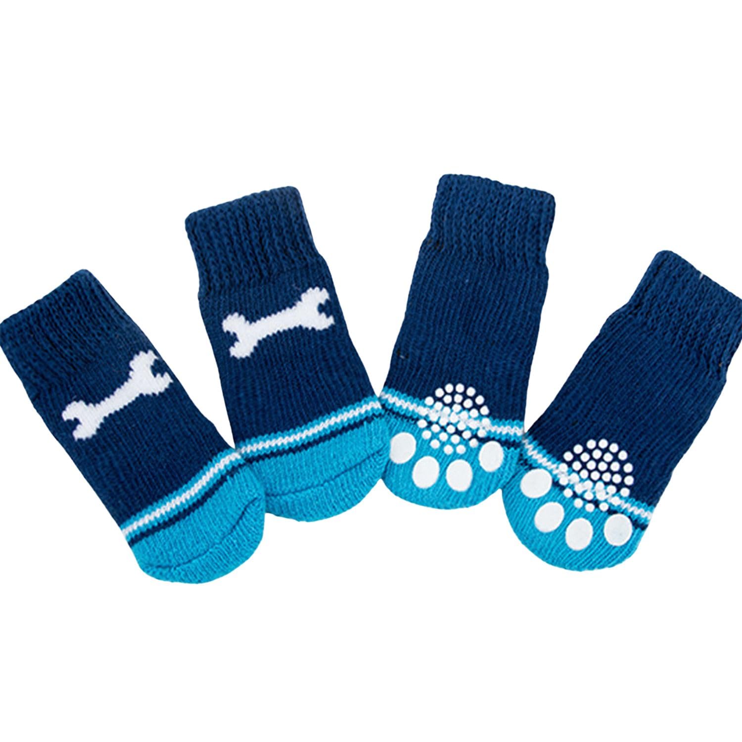 MeiAOBest 4PCS Pet Socks,Cute Knitting Anti-Slip Cat Dog Floor Socks Paw Protectors Cove for Indoor Outdoor Hot Pavement Hardwood Floor Protection_L(Blue Bones)