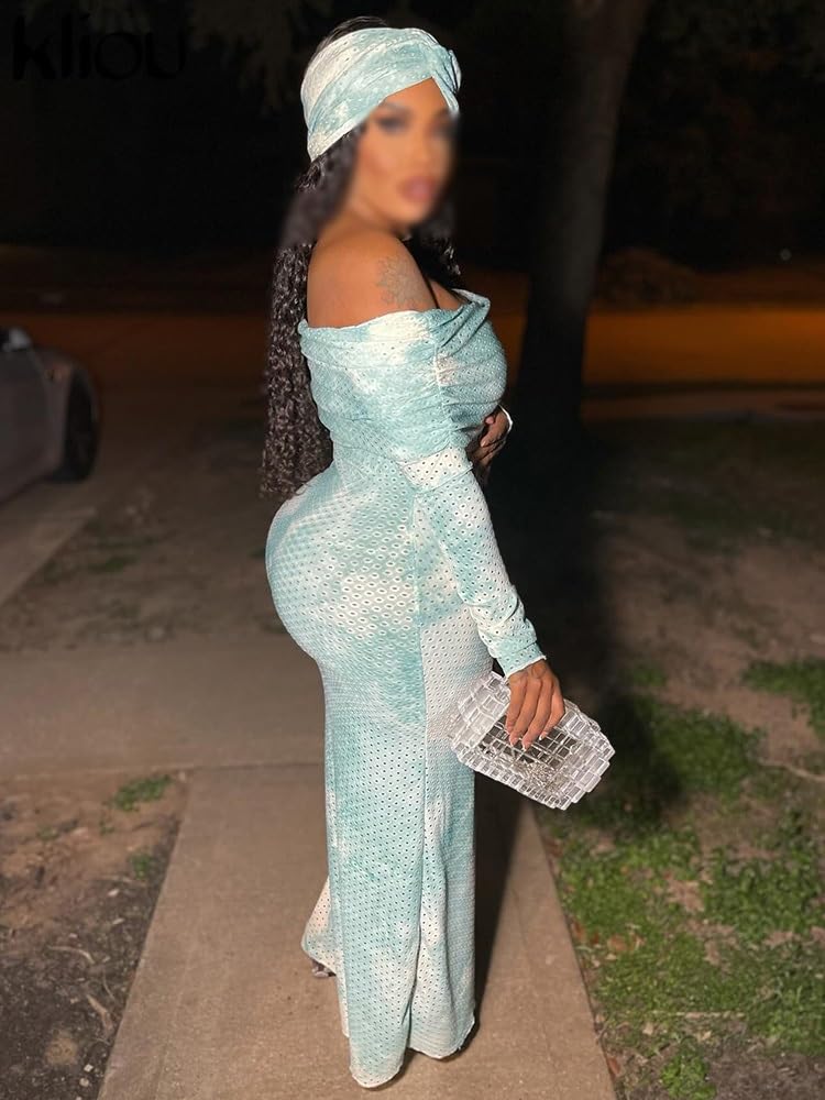 Amazon.com: Stunning Panelled Maxi Dress Women Trend Off Shoulder Long  Sleeve Holes Stacked Bodycon with Head Scarf Ladies (Color : Blue, Size :  Small) : Clothing, Shoes & Jewelry