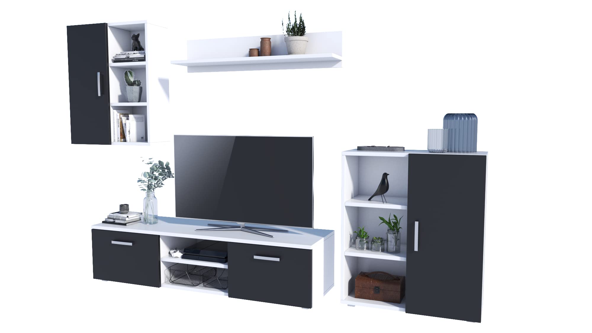 MATKAM Wohnwand Dedal, Schrankwand Wohnzimmer Modern, Wohnzimmerschrank mit Fernsehtisch Komplett Möbel (Weiß-Schwarz)