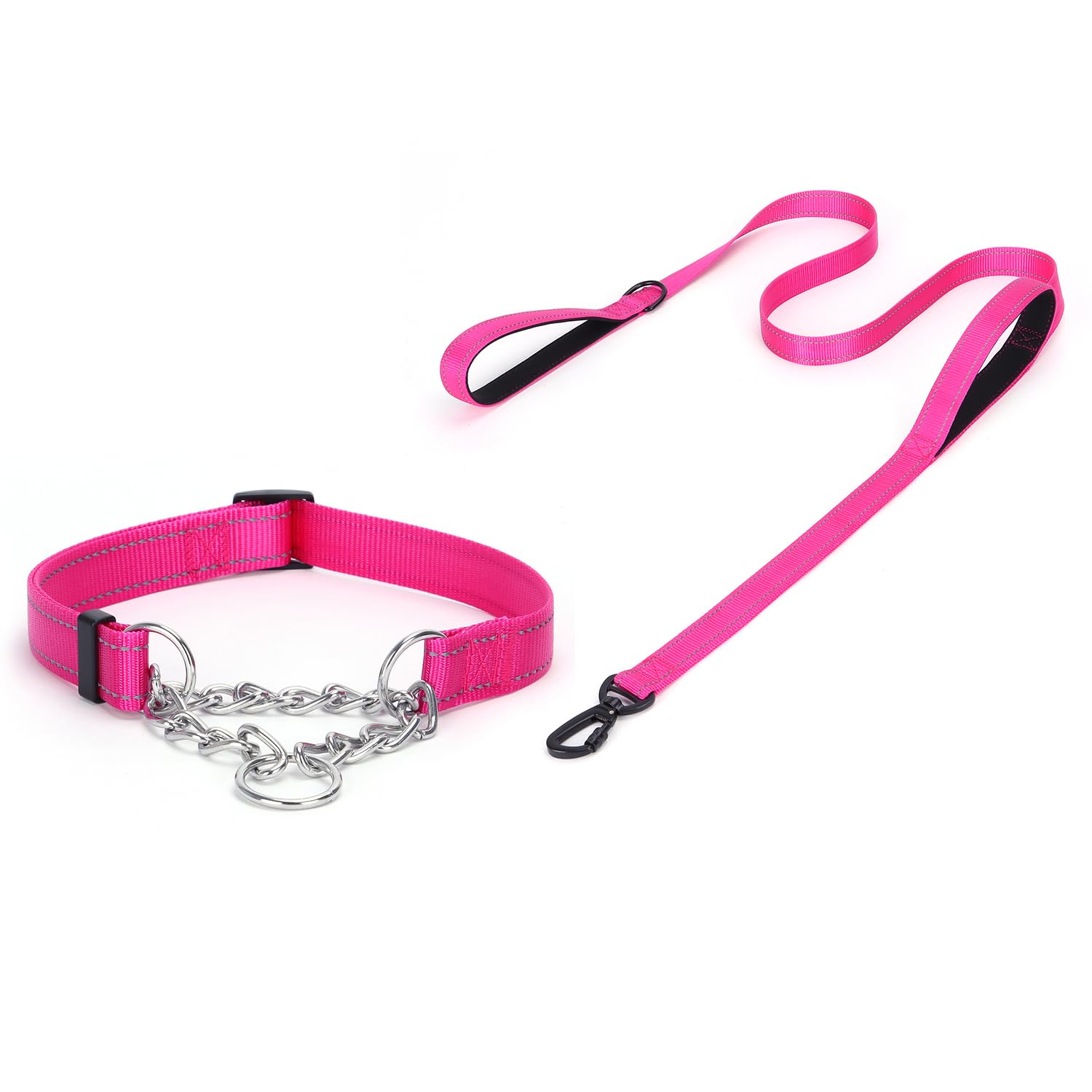 haoyueer Martingale Dog Collar with Stainless Steel Chain and Leash Set, Martingale Collar with Reflective, 5FT Double Handle Dog Leash Padded,