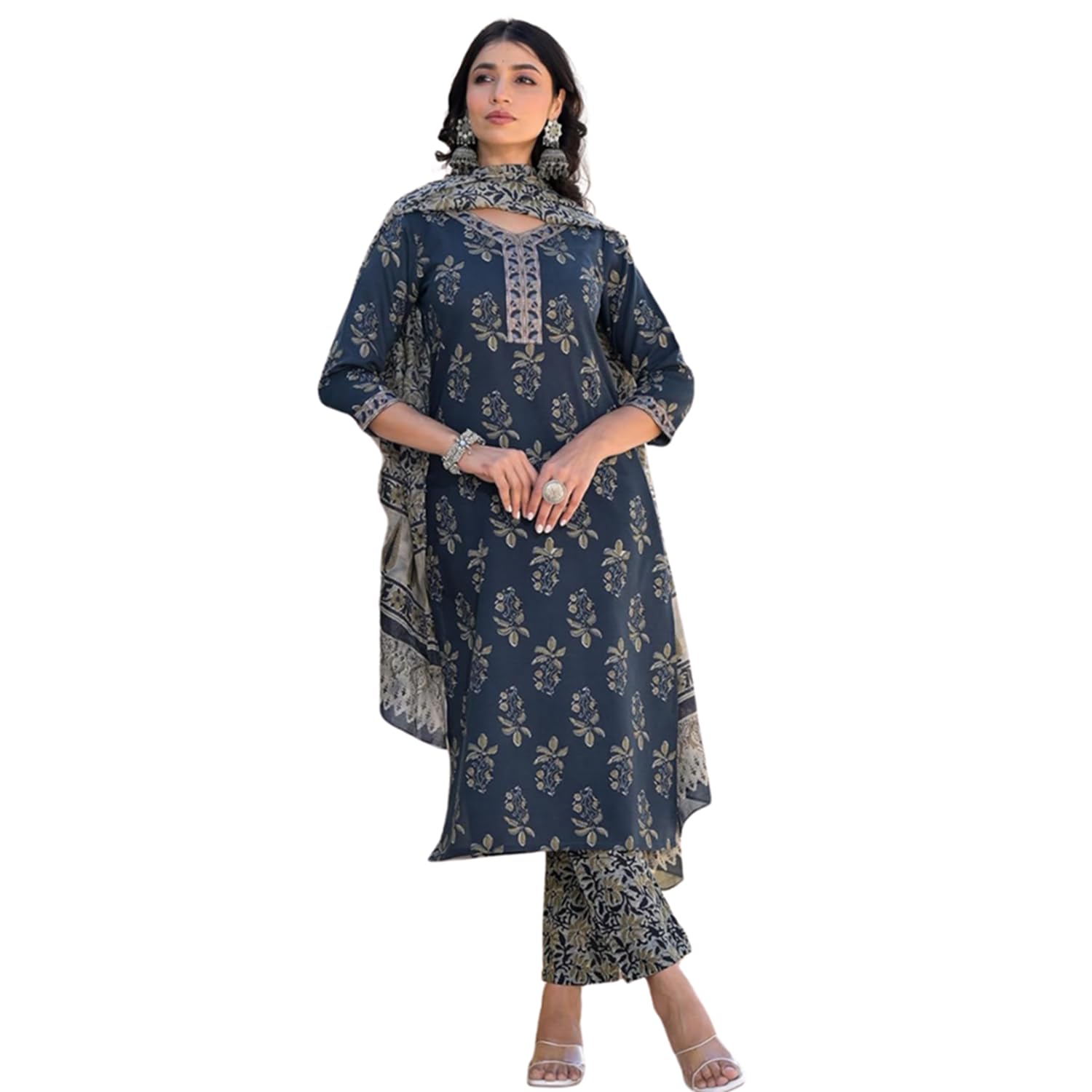 Shienzy Cotton Blend V Neck Kurta Pant Set With Dupatta For Women | Women Kurta Pant Sets With Dupatta (1611-1613) (In, Alpha, 2Xl, Regular, Blue)