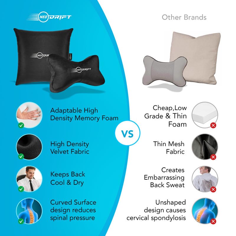 Image of Neodrift 'Neo-Kit Combo' - (Colour - Black+Silver)(2 Neck Cushions, 2 Square Pillows) | Neck & Back Rest Support Cushion Memory Foam Pillow for Neck, Head, Shoulder & Back Pain-Relief for Car Seat