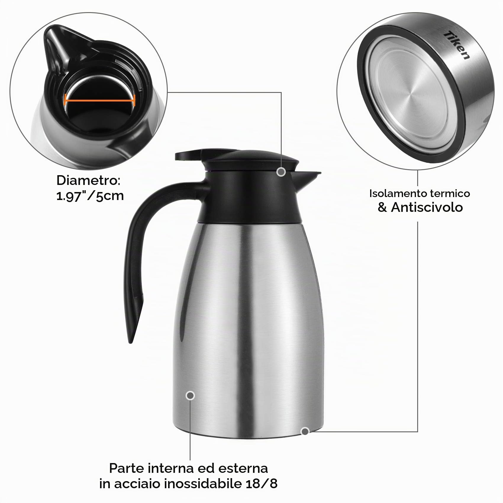 Tiken 1.5L Caraffa Termica per il Caffè da, Brocca Isolante in Acciaio Inossidabile per il Caffè, Tè e altre Bevande Calde e Fredde