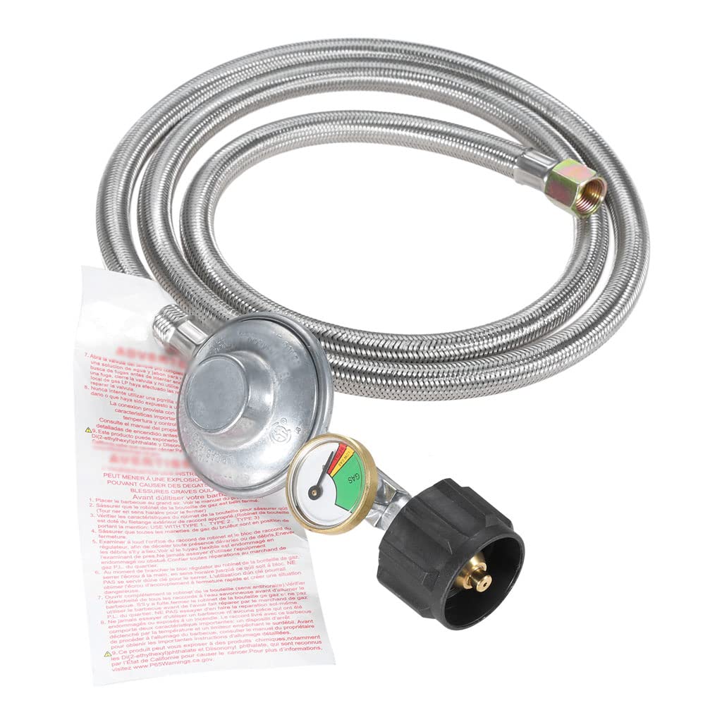 NOBRIM Propanregler und Schlauchanschluss-Set, 1,52 m Langer, geflochtener Propanreglerschlauch aus Edelstahl mit Manometer für Gasgrill-Terrassenbrenner